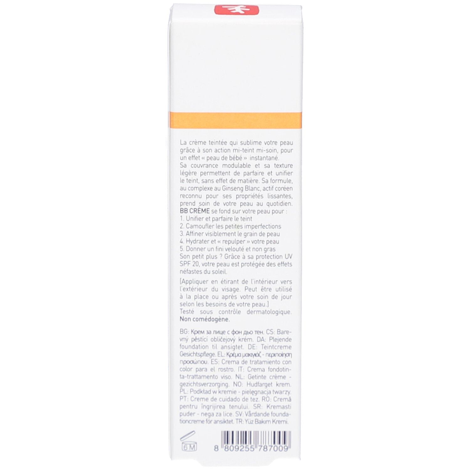 Produktverpackung. Text in mehreren Sprachen. Informationen zur Anwendung und Inhaltsstoffe.
