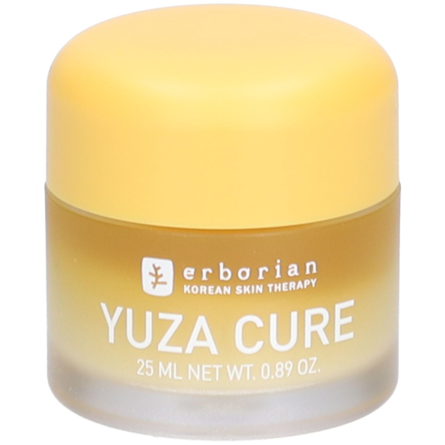 Crème-gel pour le visage. Bouchon jaune, contenant transparent. Inscription: Yuza Cure, 25 ml, 0.89 oz. Erborian.