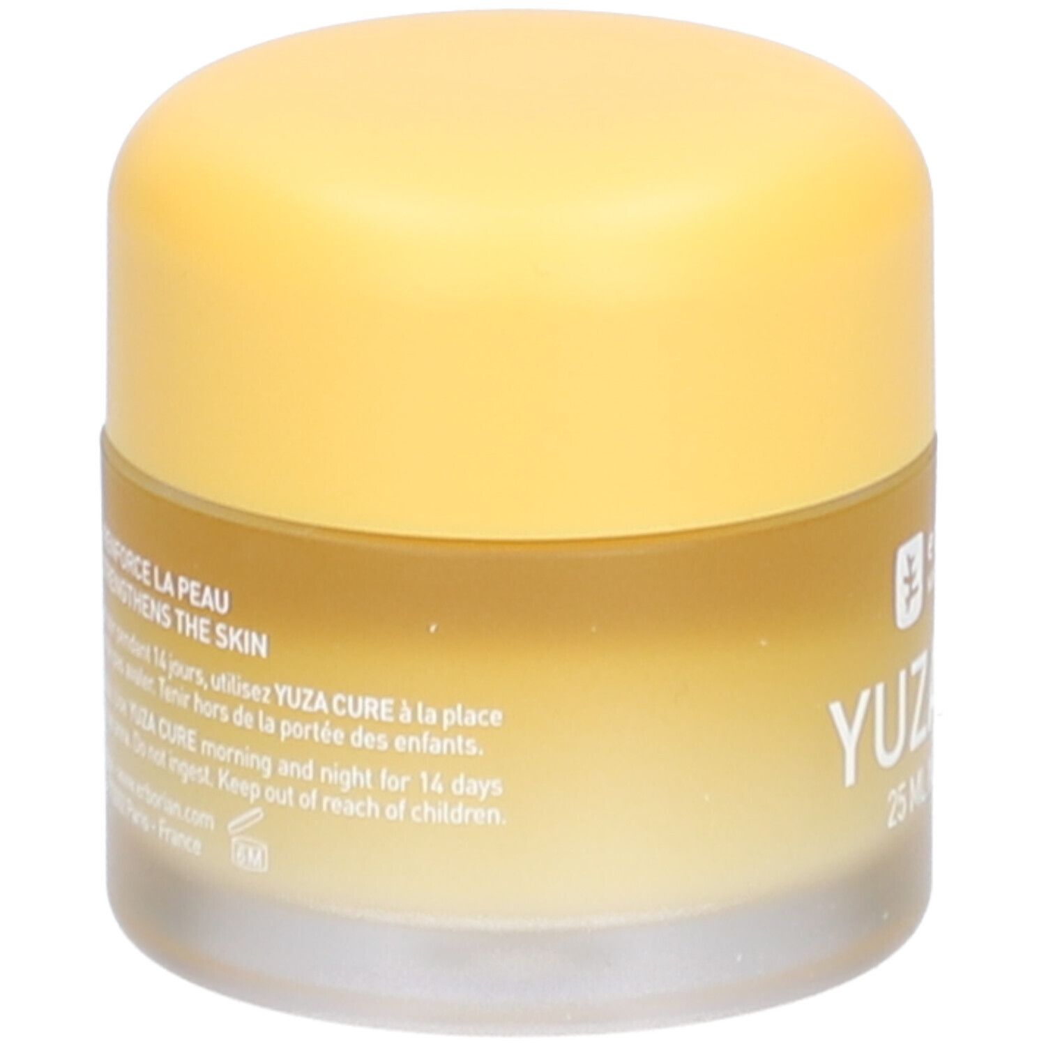 Crème-gel visage. Arrière du contenant. Texte: Yuza Cure, 25 ml. Instructions. Erborian.