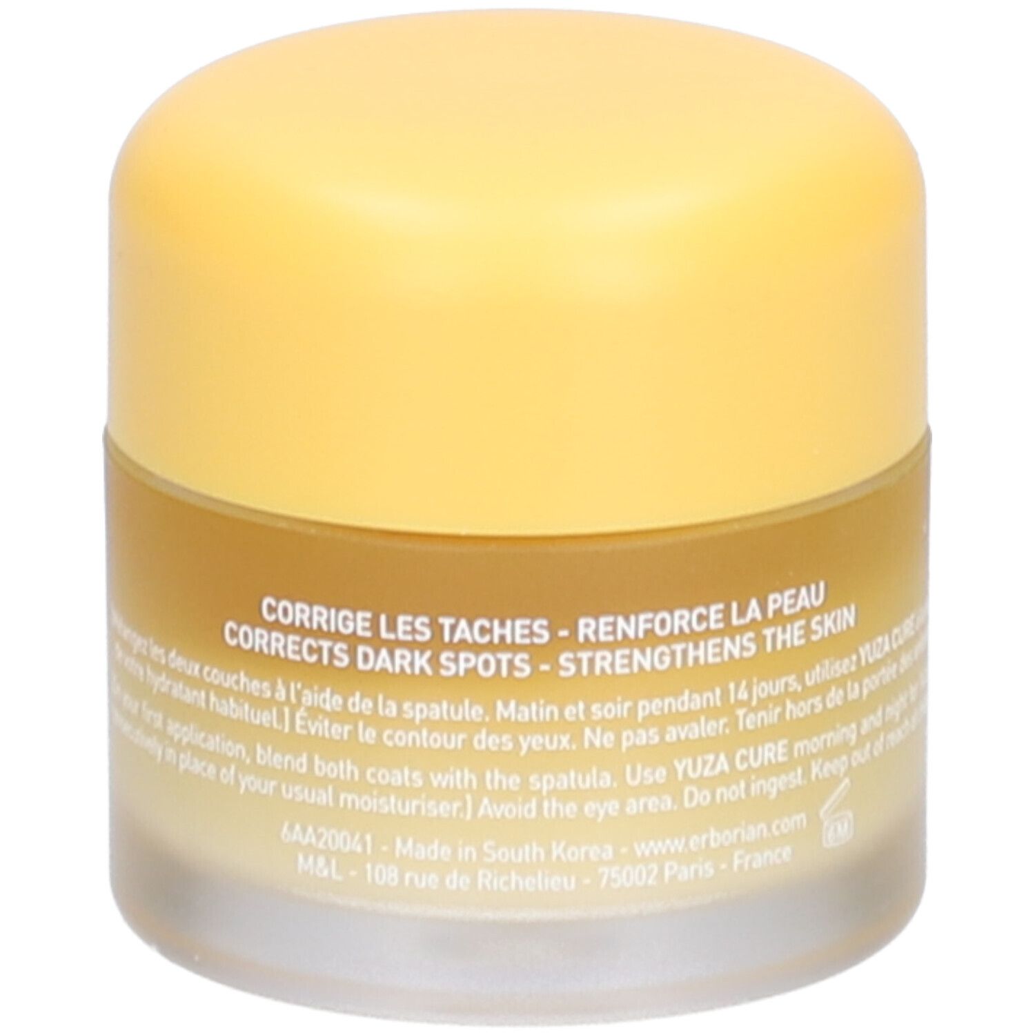 Crème-gel visage. Arrière du contenant. Texte: Yuza Cure, 25 ml. Instructions. Erborian.