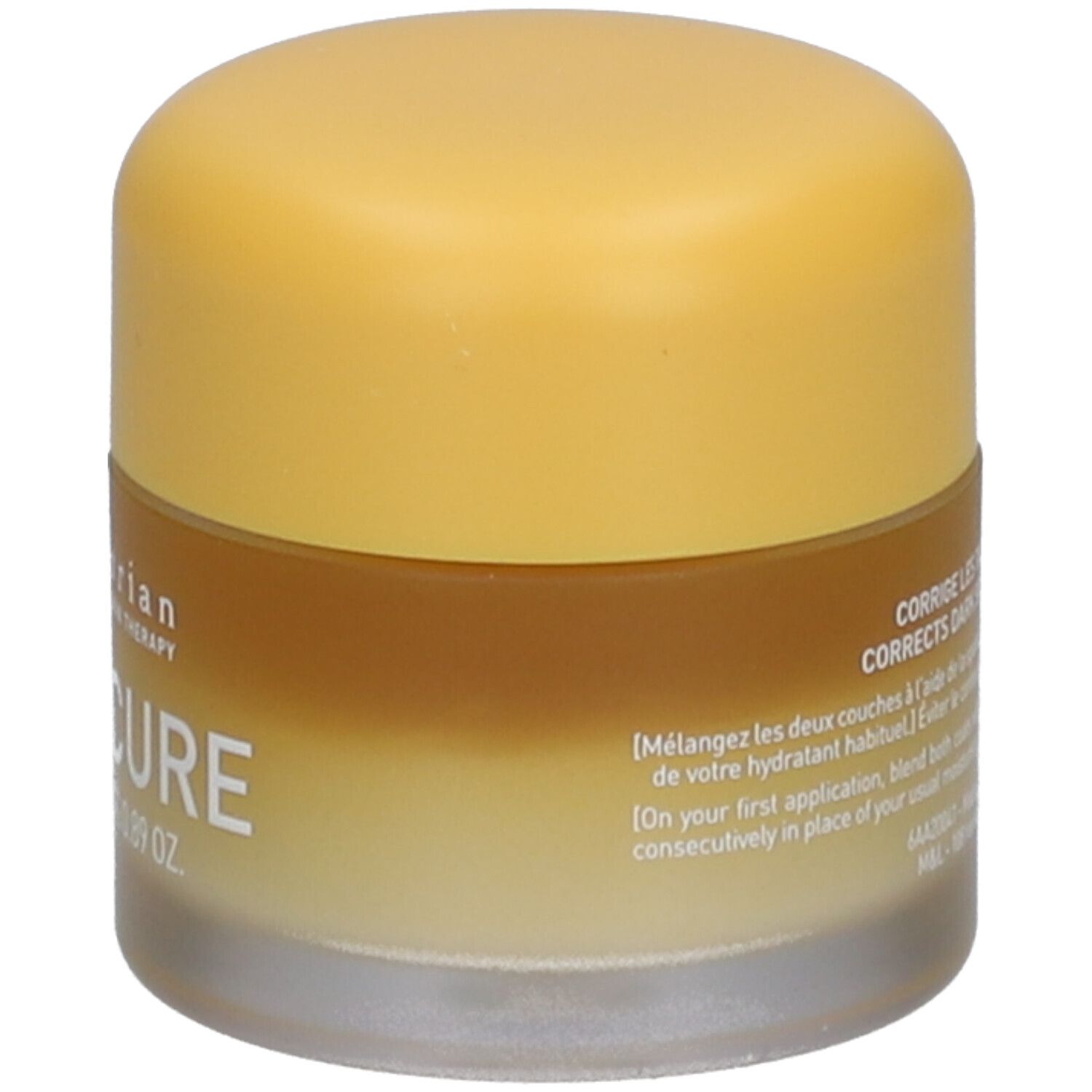 Crème-gel visage. Arrière du contenant. Texte: Yuza Cure, 25 ml. Instructions. Erborian.