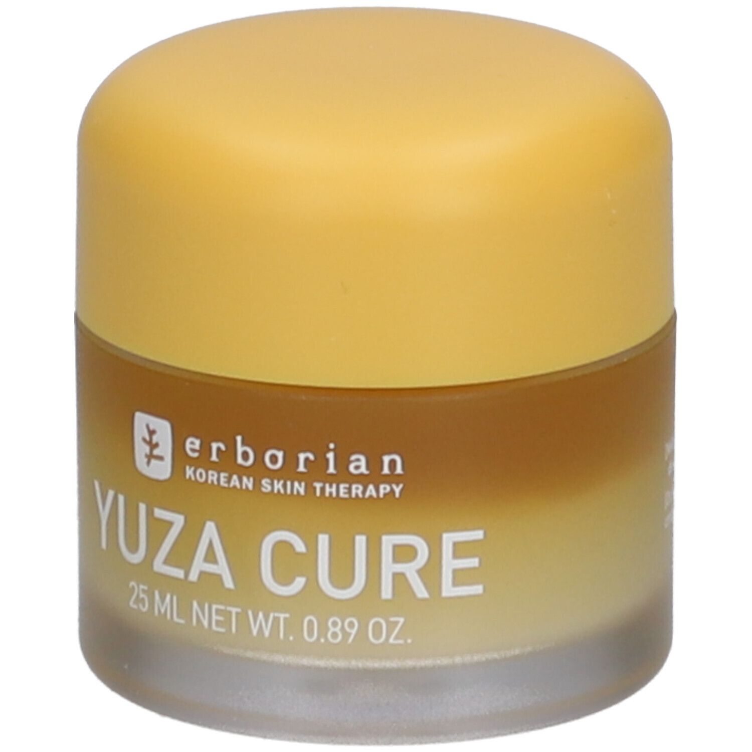 Crème-gel pour le visage. Bouchon jaune, contenant transparent. Inscription: Yuza Cure, 25 ml, 0.89 oz. Erborian.