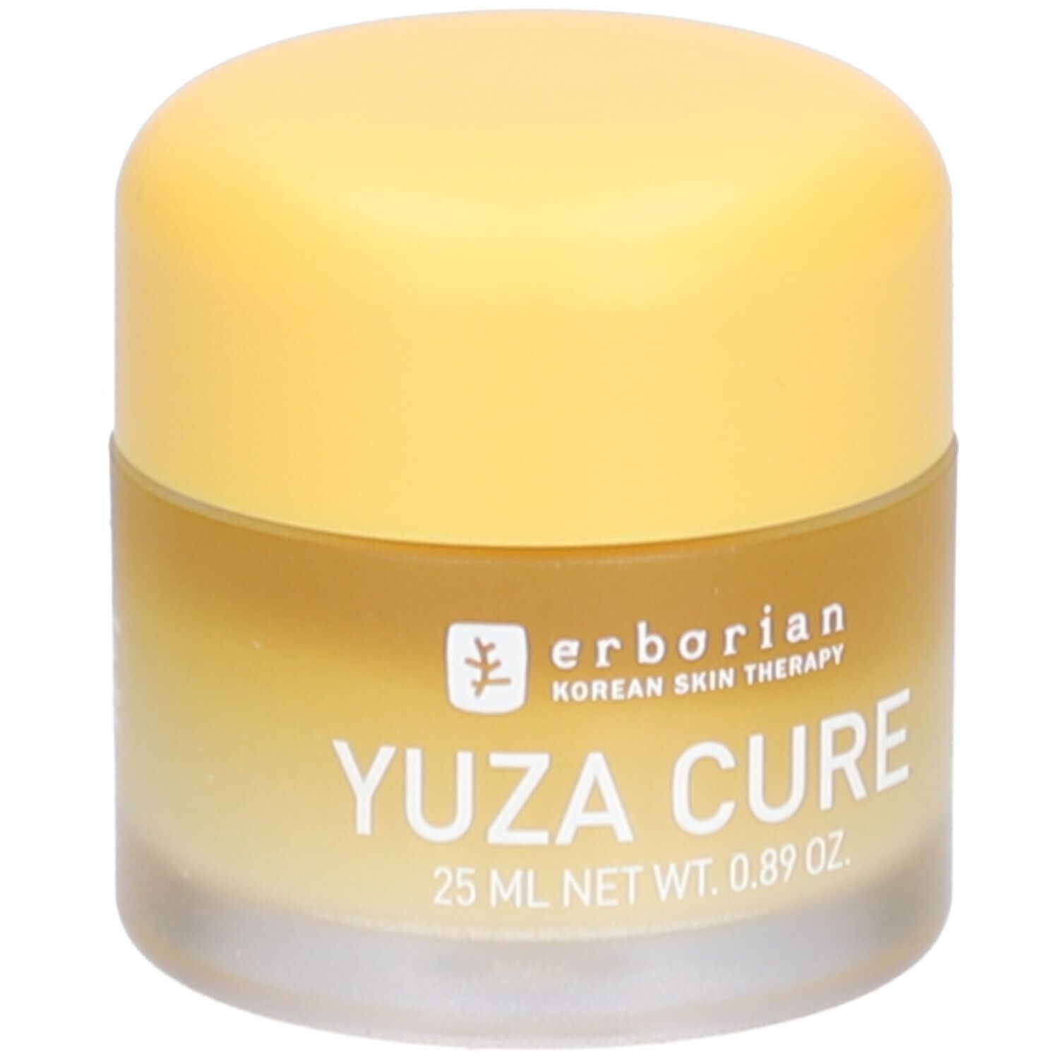Crème-gel pour le visage. Bouchon jaune, contenant transparent. Inscription: Yuza Cure, 25 ml, 0.89 oz. Erborian.
