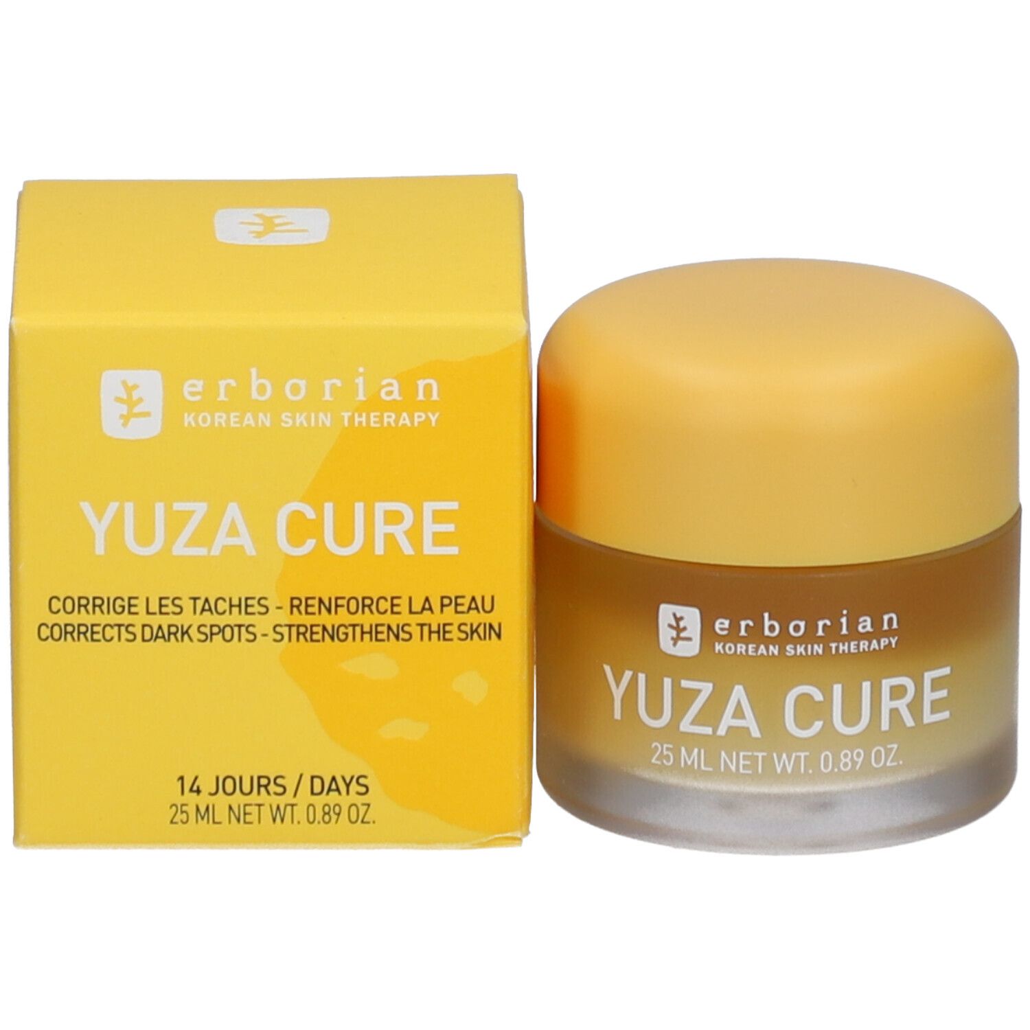 Crème-gel visage et boîte. Boîte et contenant jaunes. Inscription: Yuza Cure, 25 ml, 0.89 oz. Erborian.
