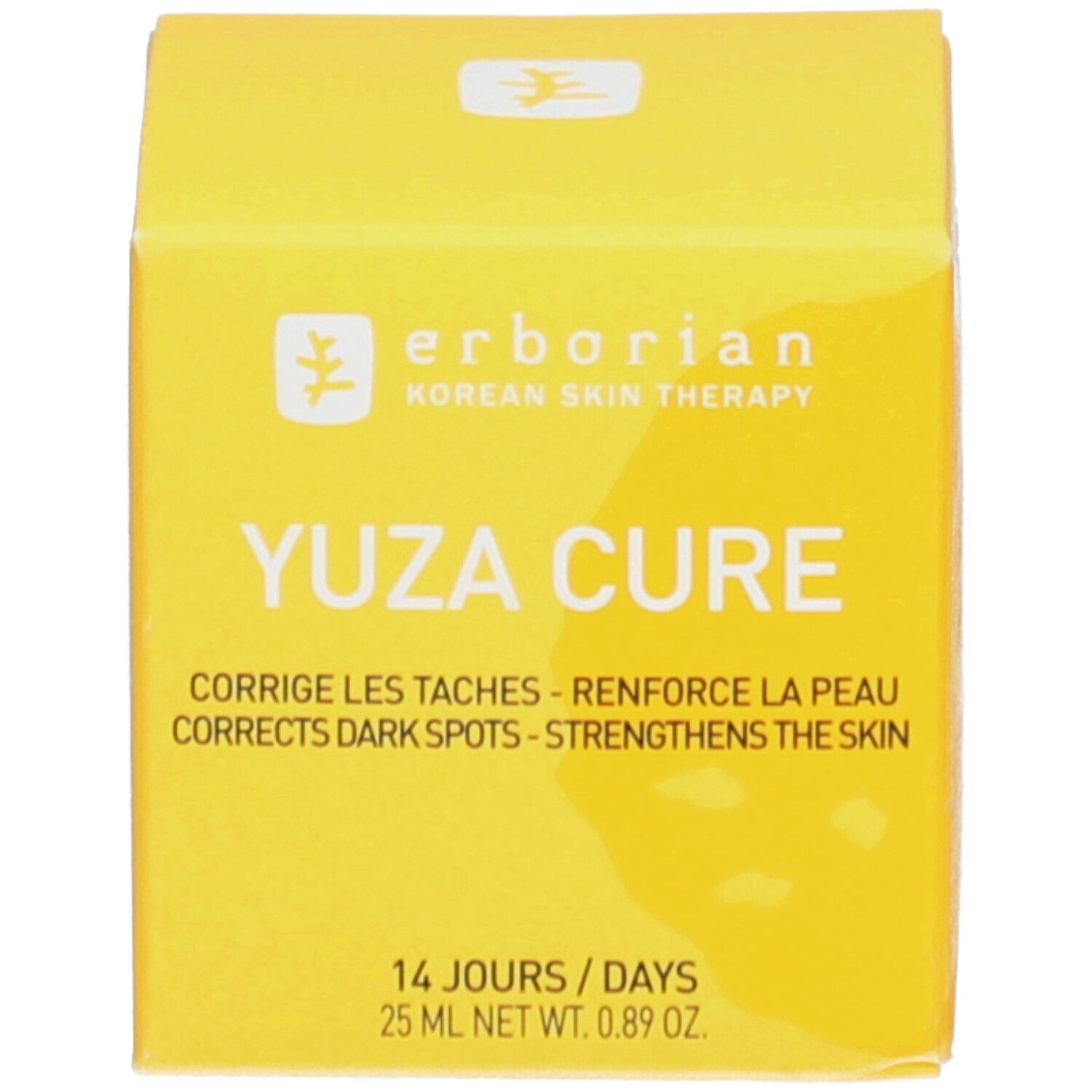 Boîte jaune. Inscription: Yuza Cure, 25 ml, 0.89 oz. Erborian.