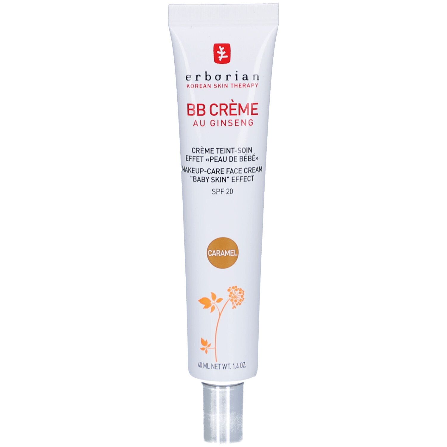 Weiße Tube mit BB Crème au Ginseng Caramel. Marke: Erborian. Text und Logo. 40 ml. Mit Schraubverschluss.