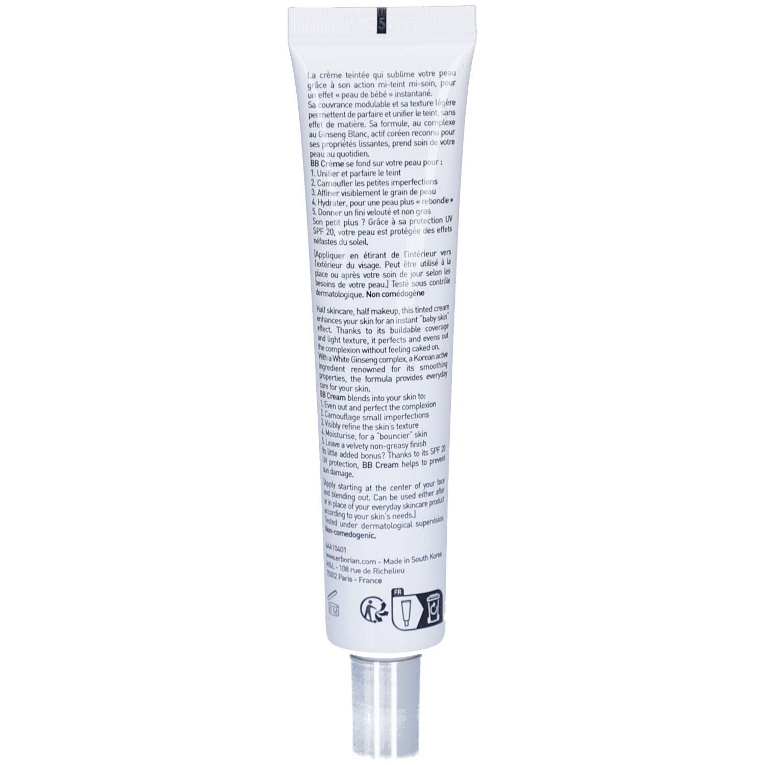 Rückseite der weißen Tube. Text in mehreren Sprachen. Informationen zum Produkt und Inhaltsstoffen. Schraubverschluss.