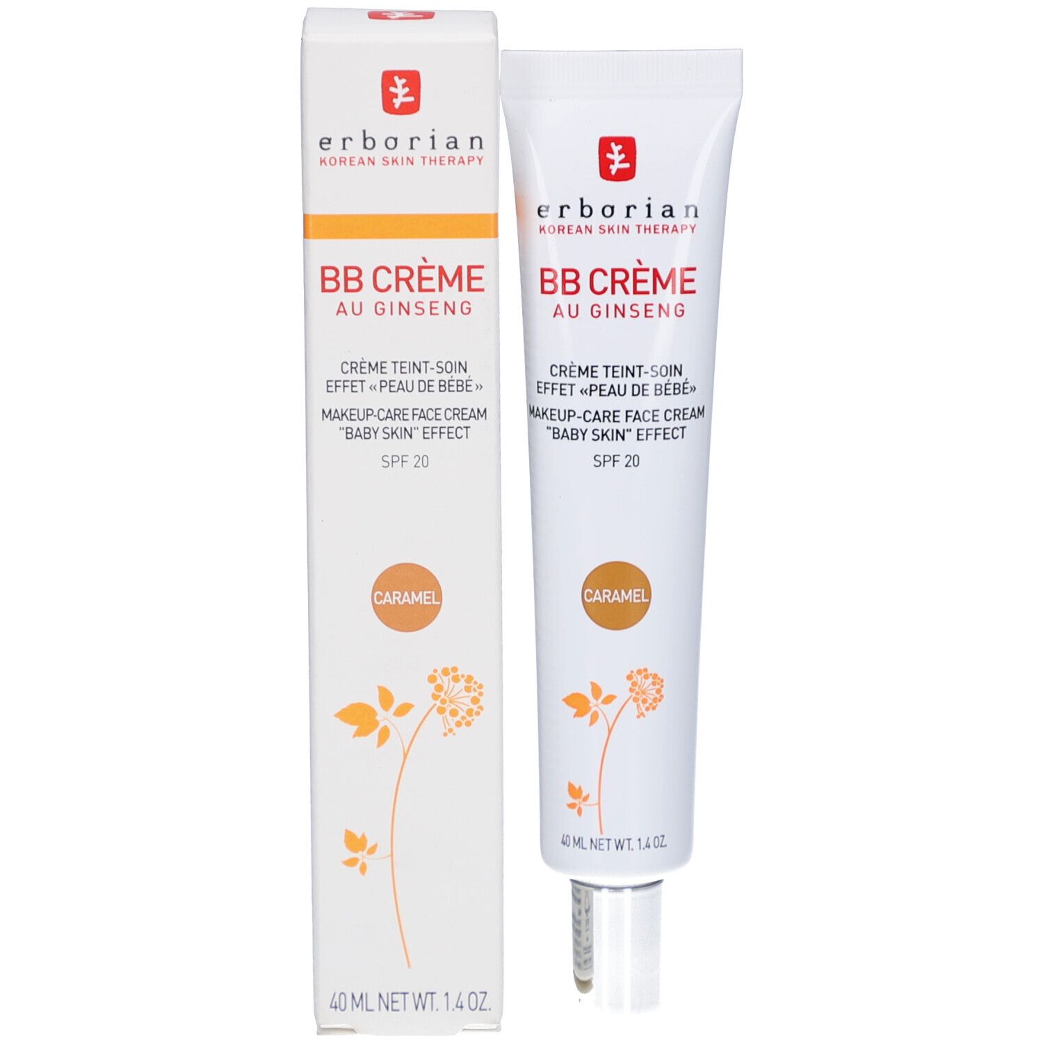 Produkt und Verpackung. Weiße Tube und Schachtel. BB Crème au Ginseng Caramel. Marke: Erborian. 40 ml.