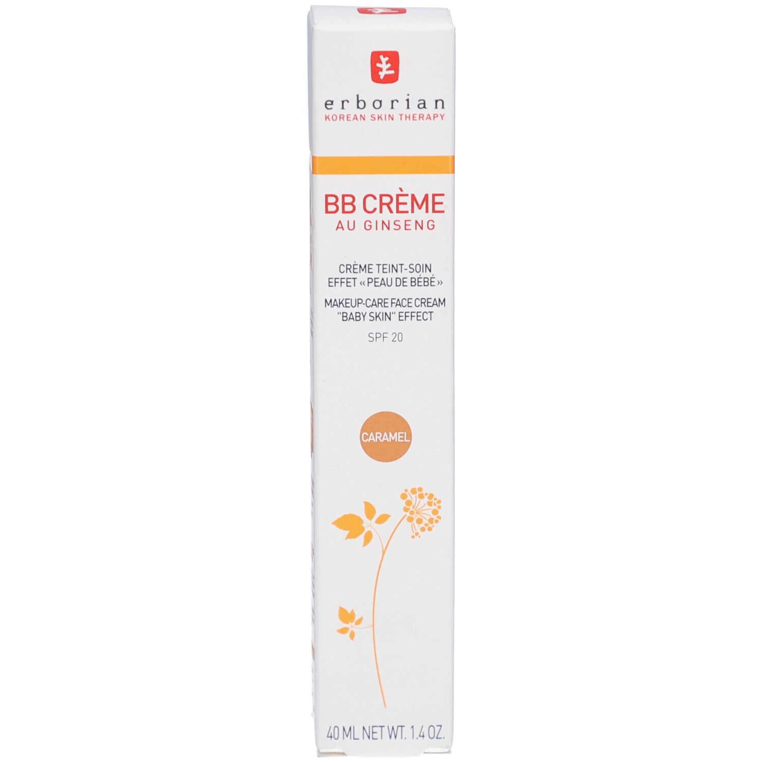 Weiße Schachtel mit BB Crème au Ginseng Caramel. Marke: Erborian. Text und Logo. 40 ml. Aufdruck.