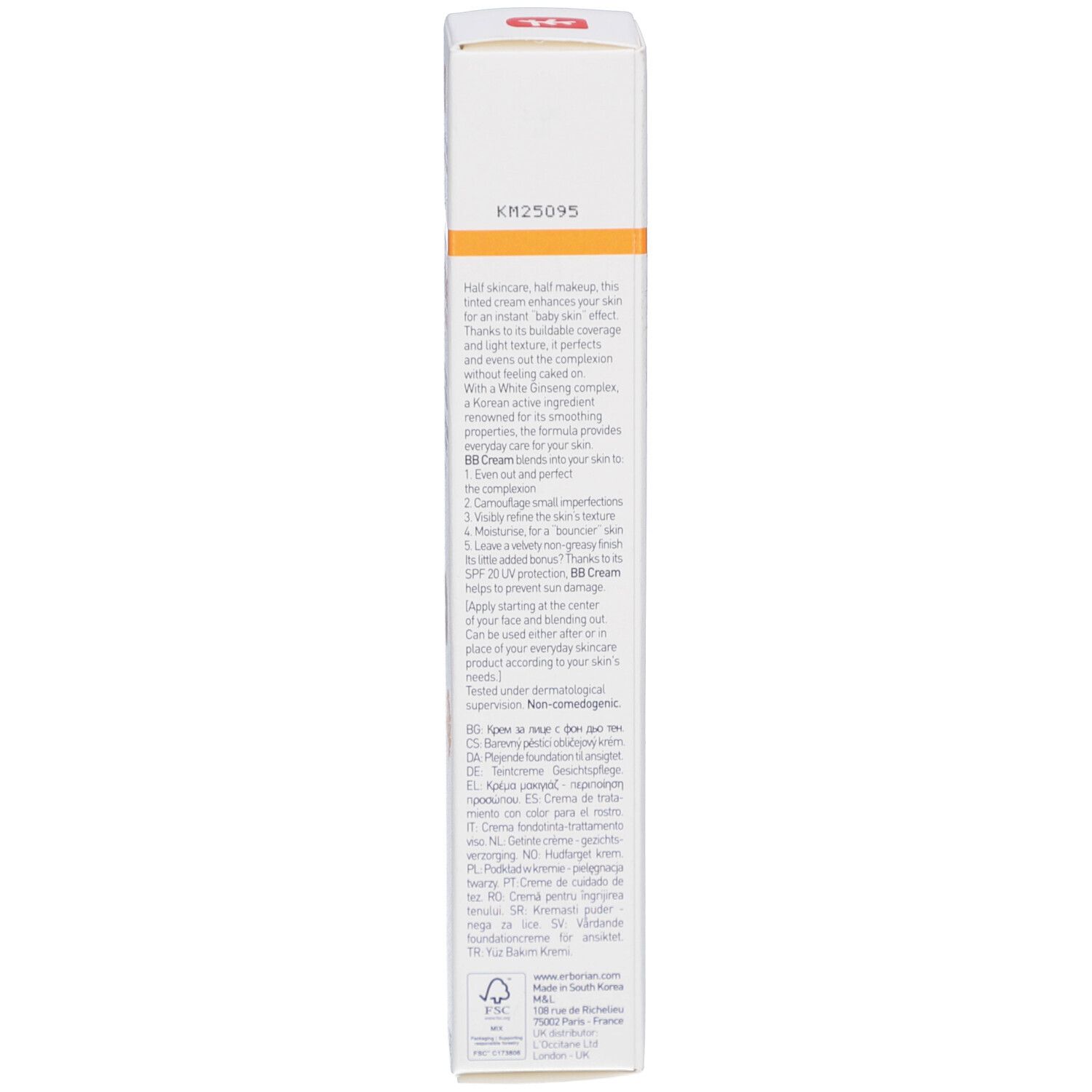 Seite der Schachtel. Text in mehreren Sprachen. Produktinformationen. Orangefarbener Streifen. QR-Code.