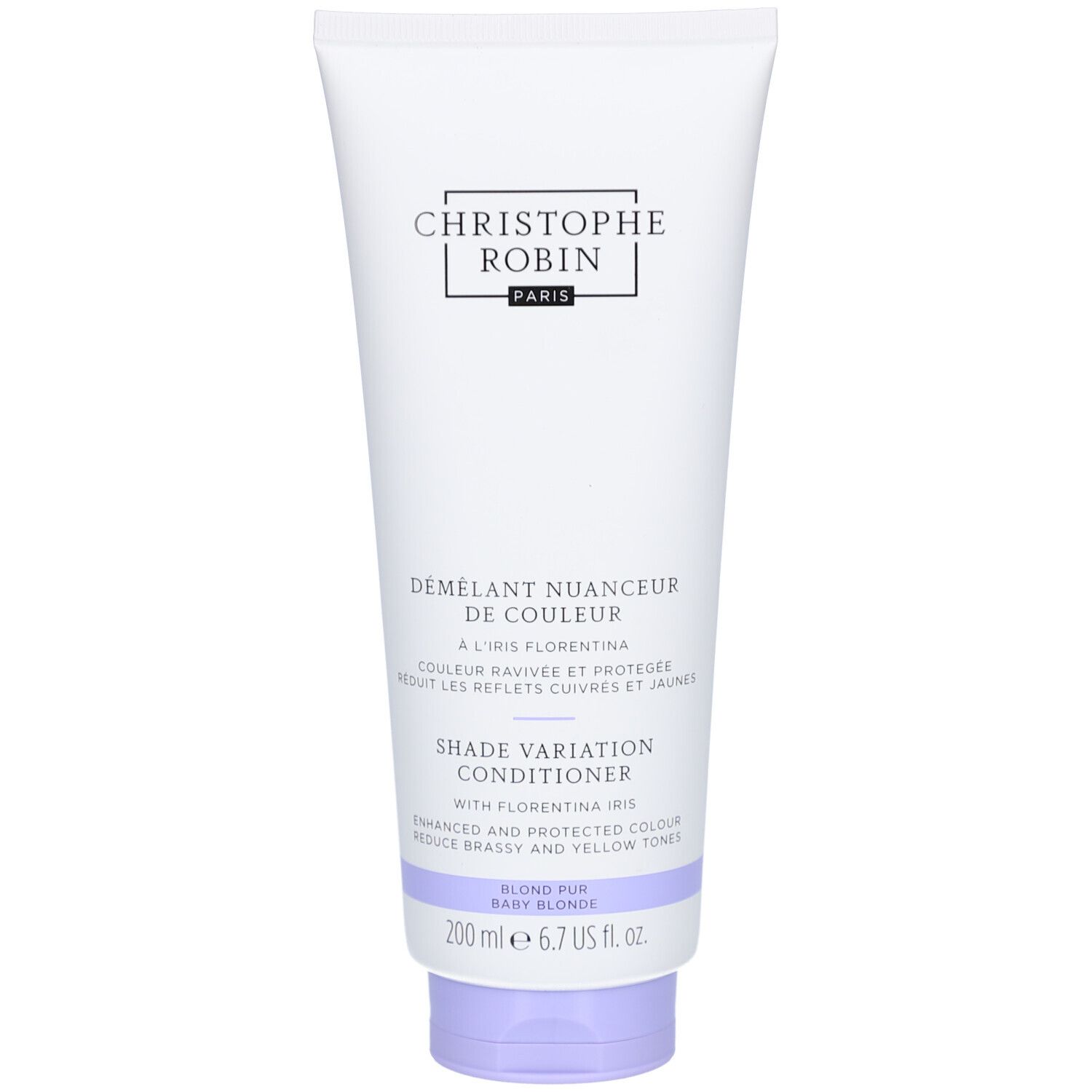 Tube blanc avec bouchon lilas. Inscription: Christophe Robin Paris. Nom du produit et texte en noir. 200 ml.