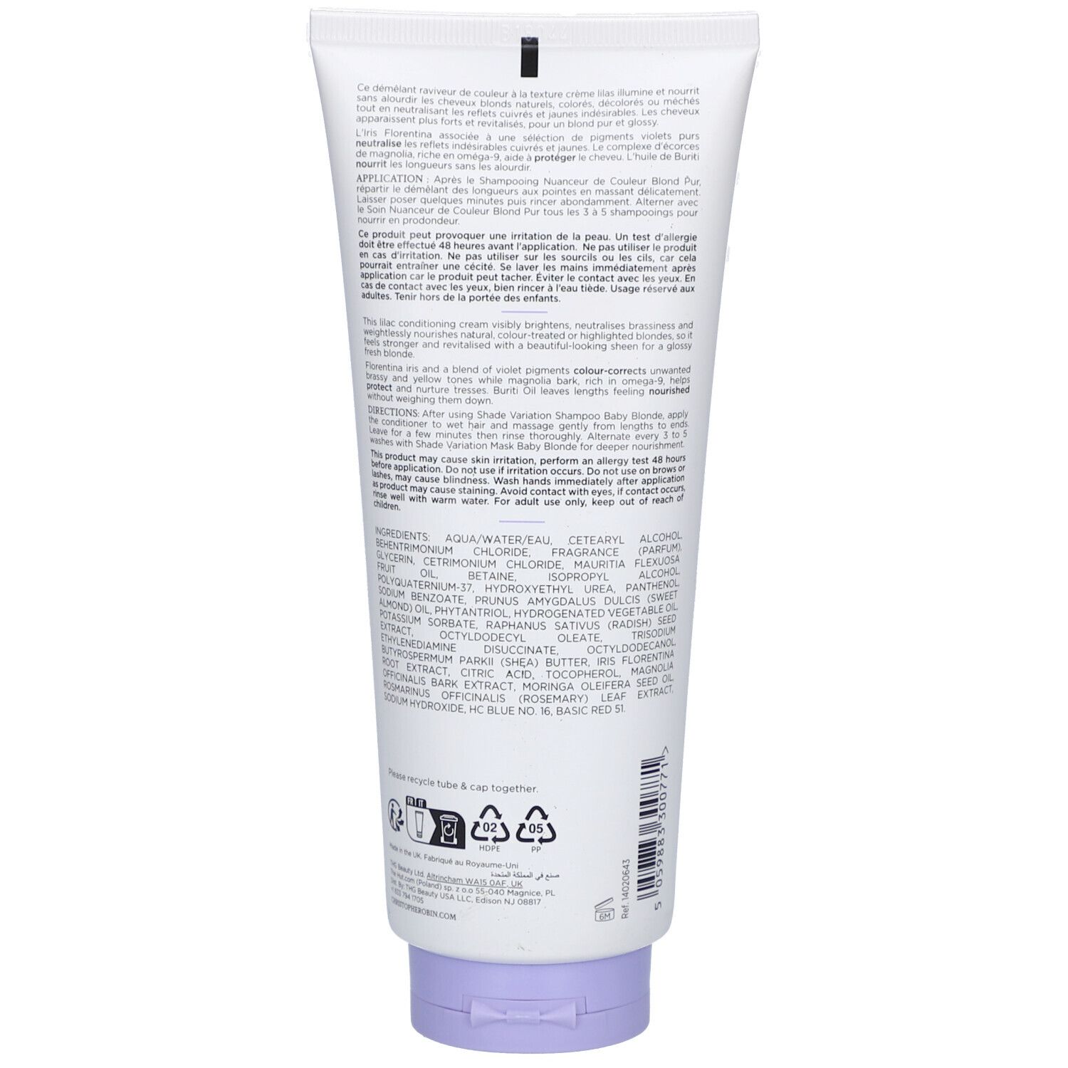 Dos du tube blanc. Texte en noir. Ingrédients et instructions. Bouchon lilas.