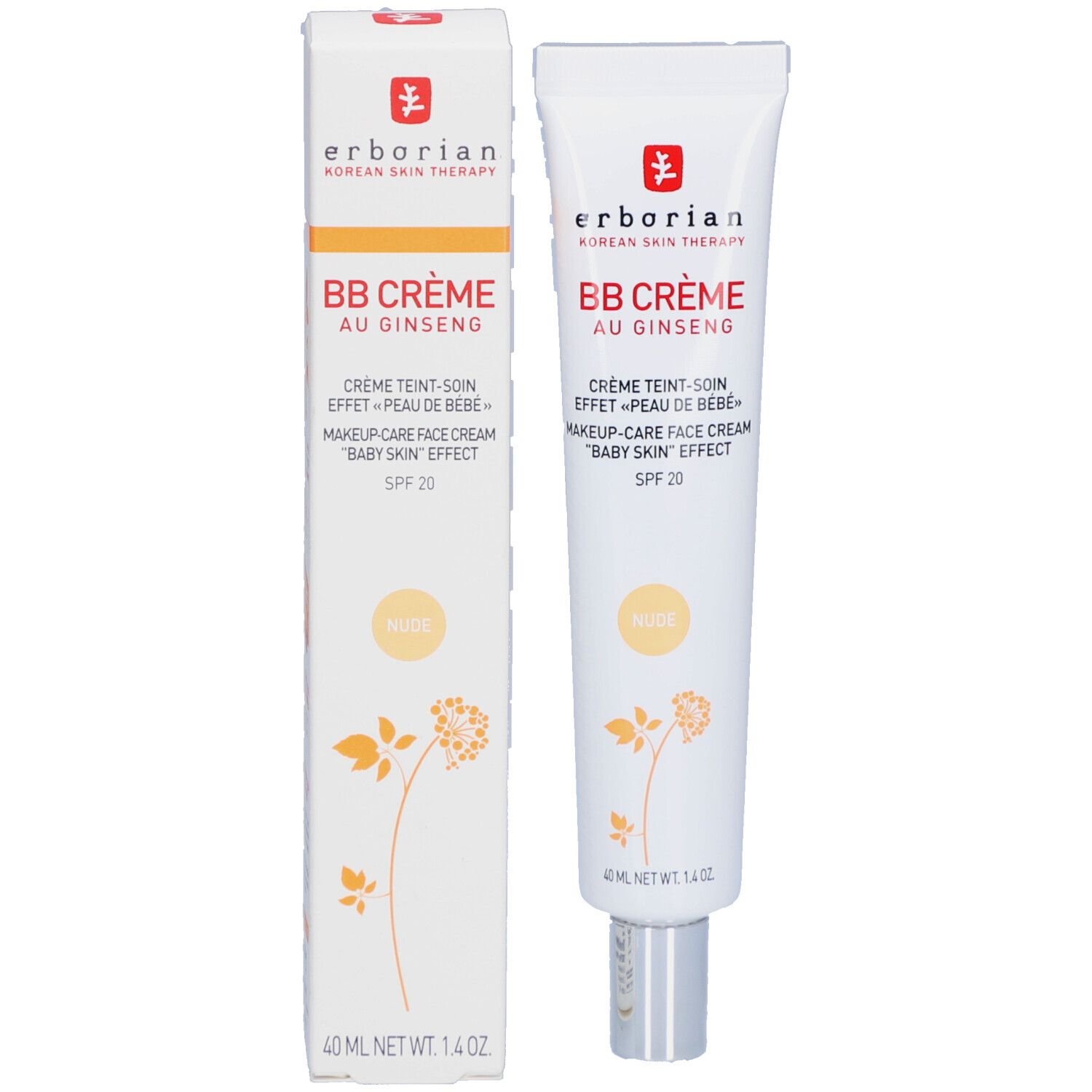 Produit et emballage. Tube et boîte blancs avec texte rouge et noir. Nom du produit: BB Crème au Ginseng. Teinte Nude.