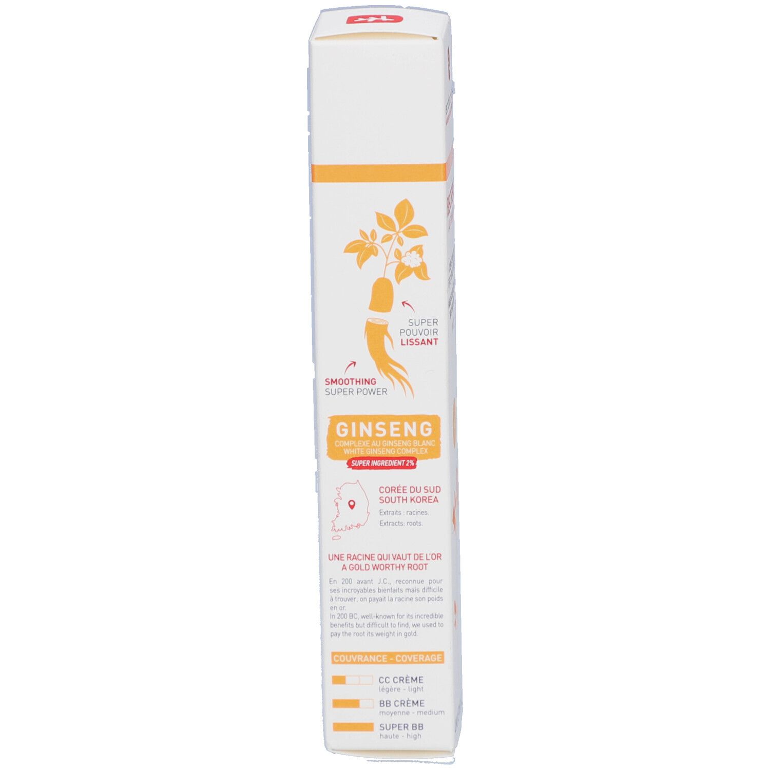 Dos de la boîte. Texte et illustrations. Extrait de ginseng. Informations sur le produit. Teinte: Nude. Avec symboles de recyclage.