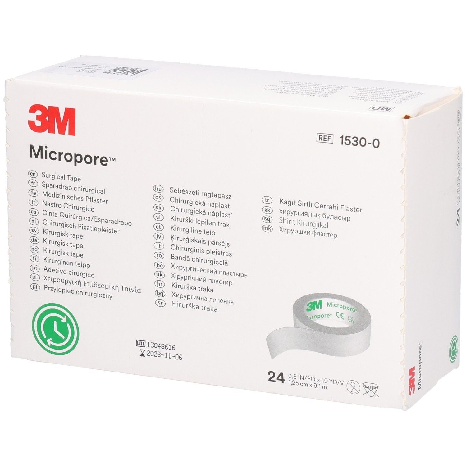 Emballage de 3M Micropore, ruban chirurgical. Contient 24 rouleaux de 1,25 cm x 9,1 m. Nom et logo du produit visibles.