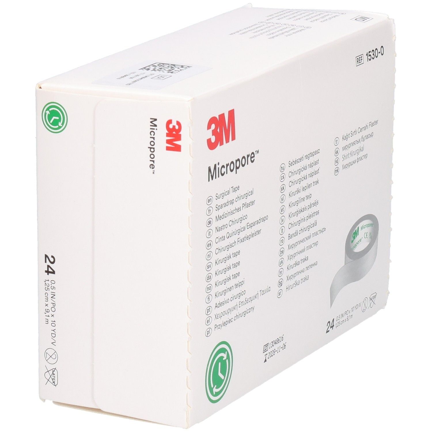 Emballage de 3M Micropore, ruban chirurgical. Contient 24 rouleaux. Nom et logo du produit visibles.