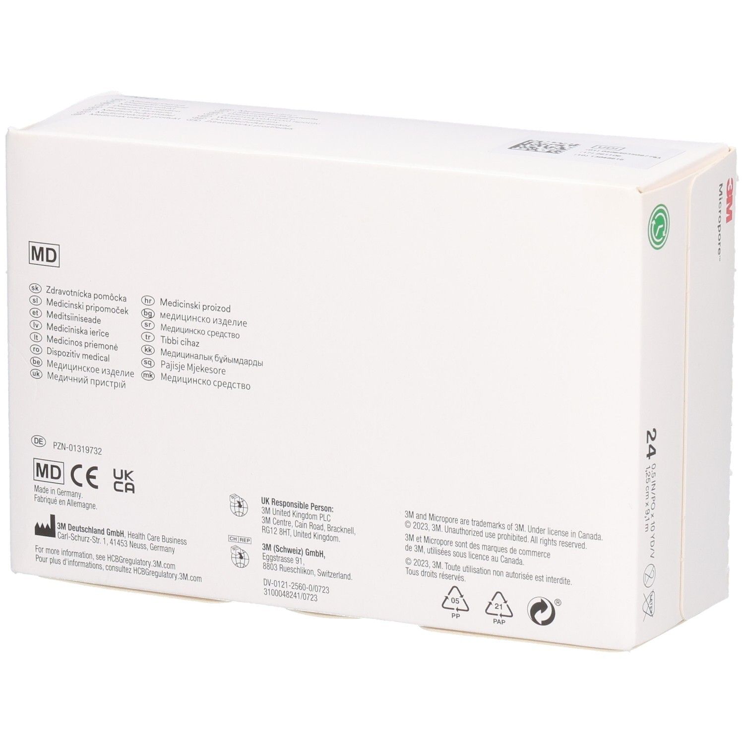 Dos de l'emballage 3M Micropore. Informations et certifications. Marquage MD visible.