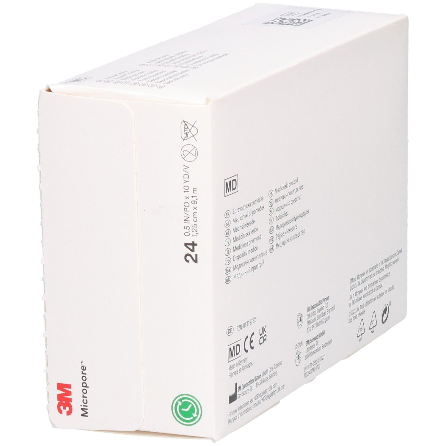 Emballage 3M Micropore, ruban chirurgical. Contient 24 rouleaux. Marquage MD visible.