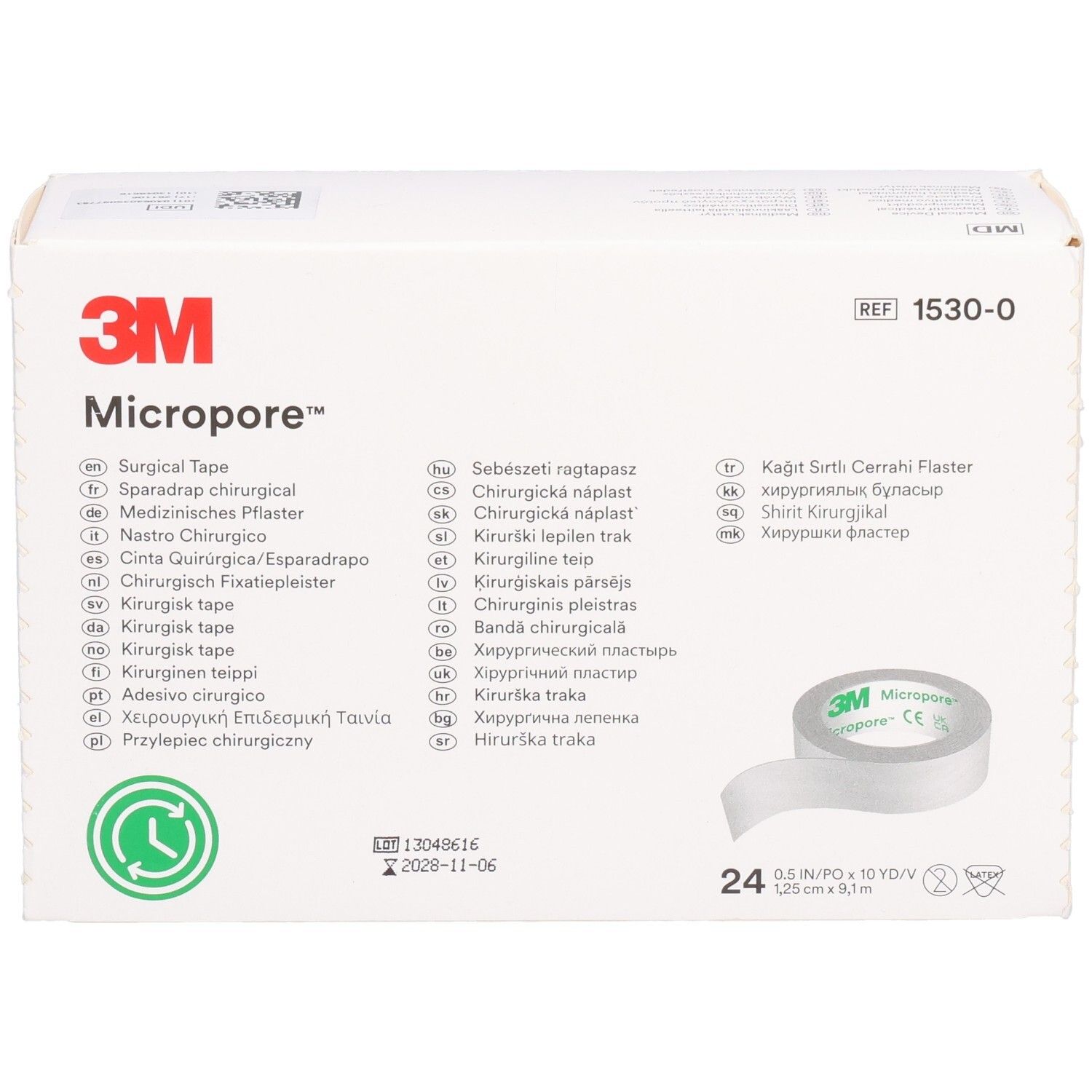 Emballage de 3M Micropore, ruban chirurgical. Contient 24 rouleaux de 1,25 cm x 9,1 m. Nom et logo du produit visibles.