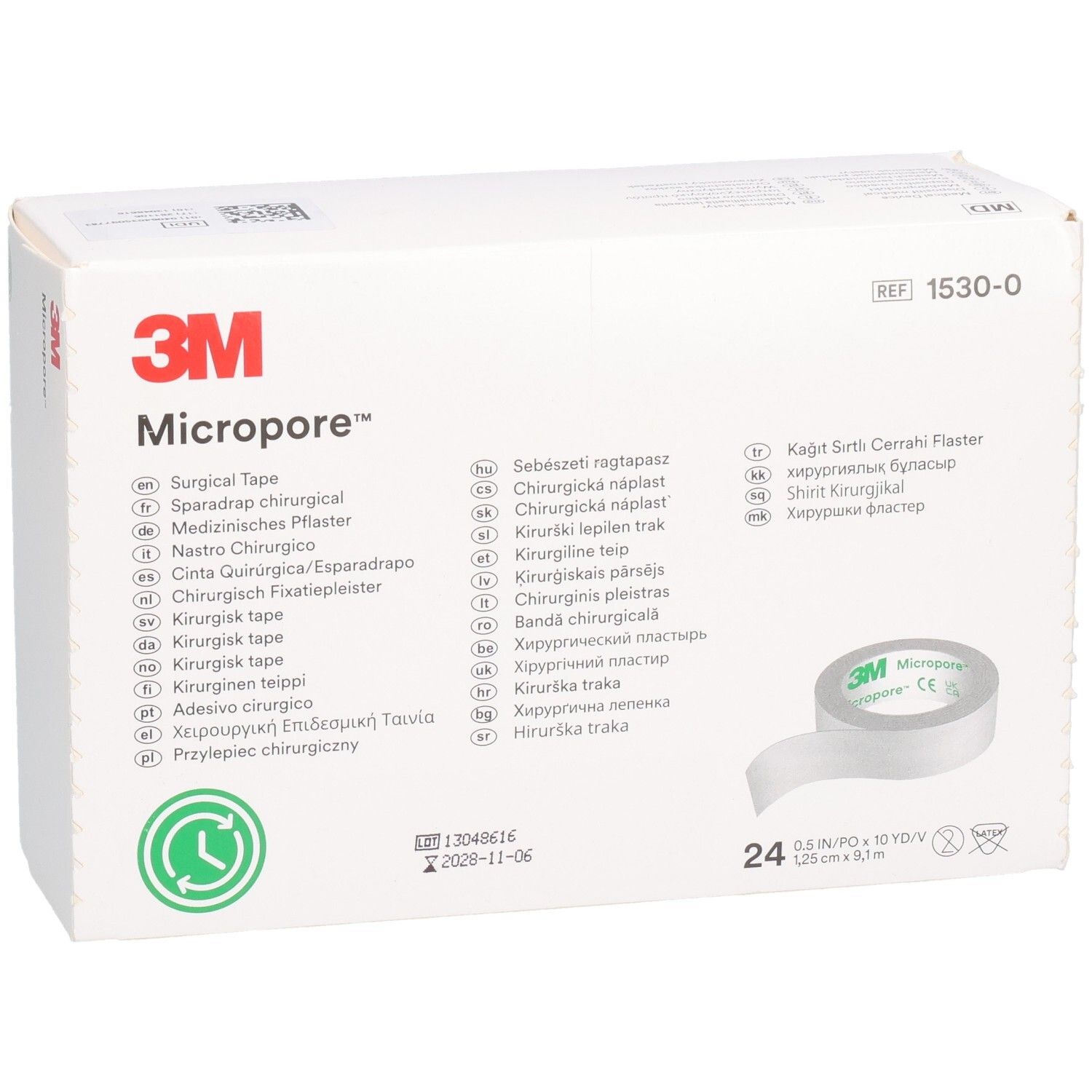 Emballage de 3M Micropore, ruban chirurgical. Contient 24 rouleaux de 1,25 cm x 9,1 m. Nom et logo du produit visibles.