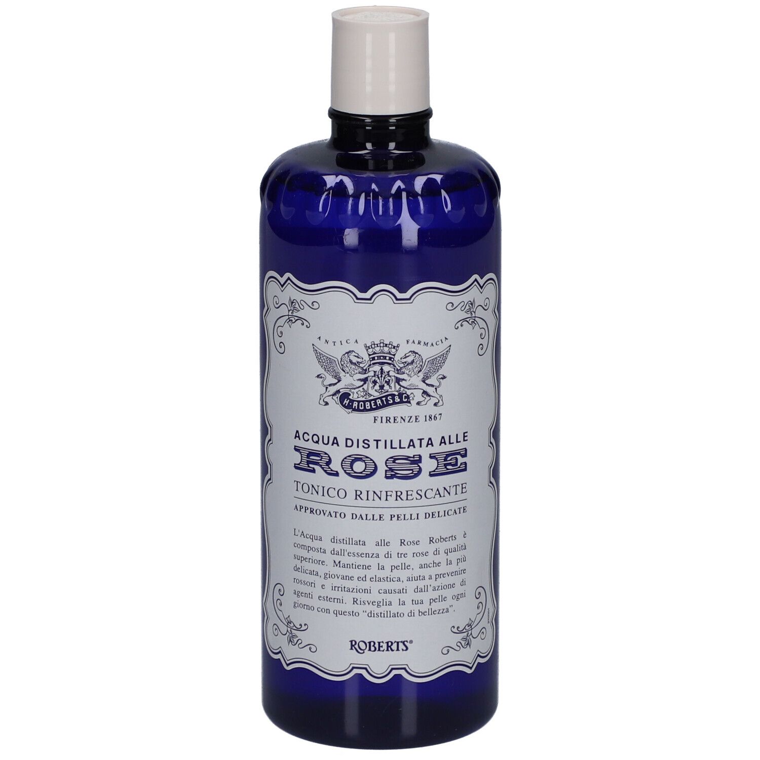 Blaue Flasche mit weißem Deckel. Aufschrift: ACQUA DISTILLATA ALLE ROSE TONICO RINFRESCANTE. Marke: ROBERTS.