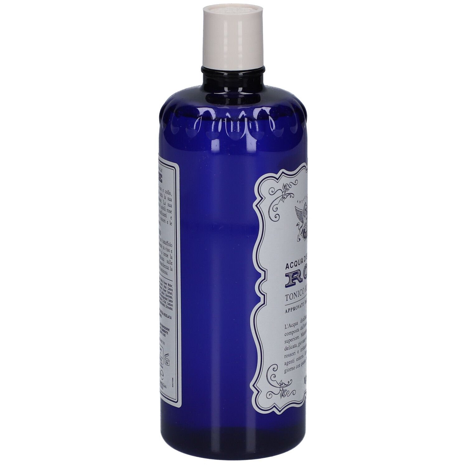 Blaue Flasche mit weißem Deckel. Aufschrift: ACQUA DISTILLATA ALLE ROSE. Marke: ROBERTS. Seitenansicht.