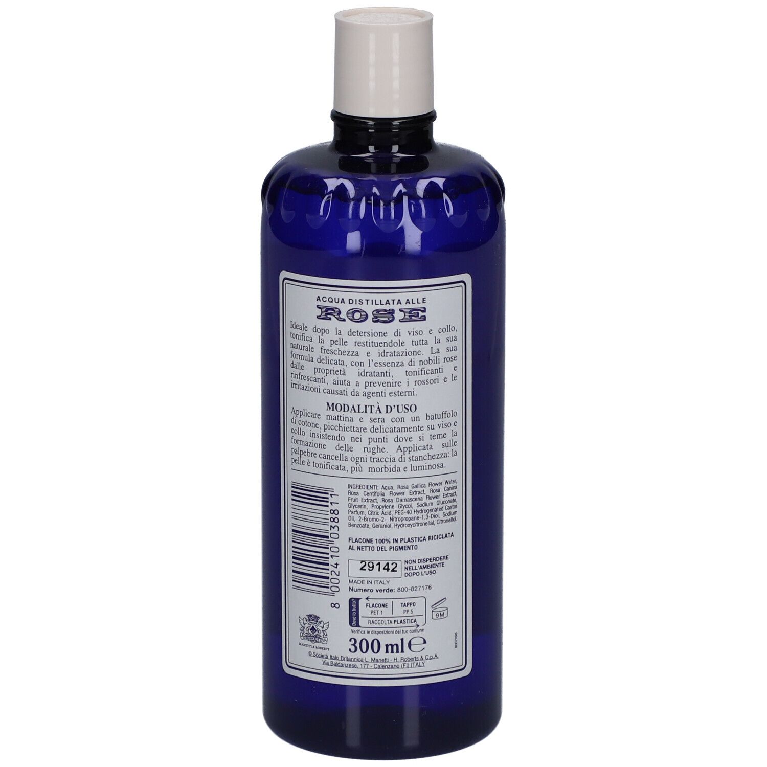 Blaue Flasche mit weißem Deckel. Aufschrift: ACQUA DISTILLATA ALLE ROSE. Marke: ROBERTS. Rückseite mit Text und Volumen.