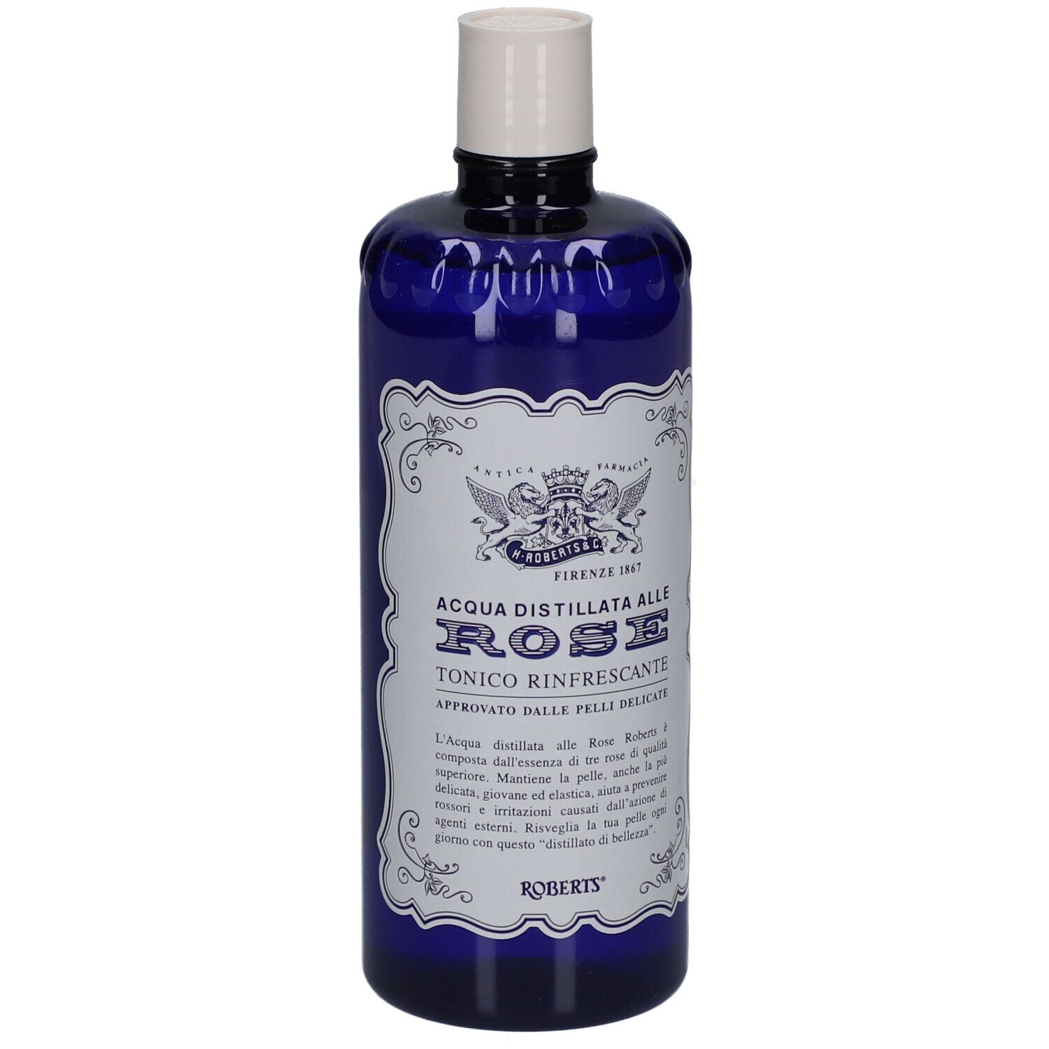 Blaue Flasche mit weißem Deckel. Aufschrift: ACQUA DISTILLATA ALLE ROSE TONICO RINFRESCANTE. Marke: ROBERTS.