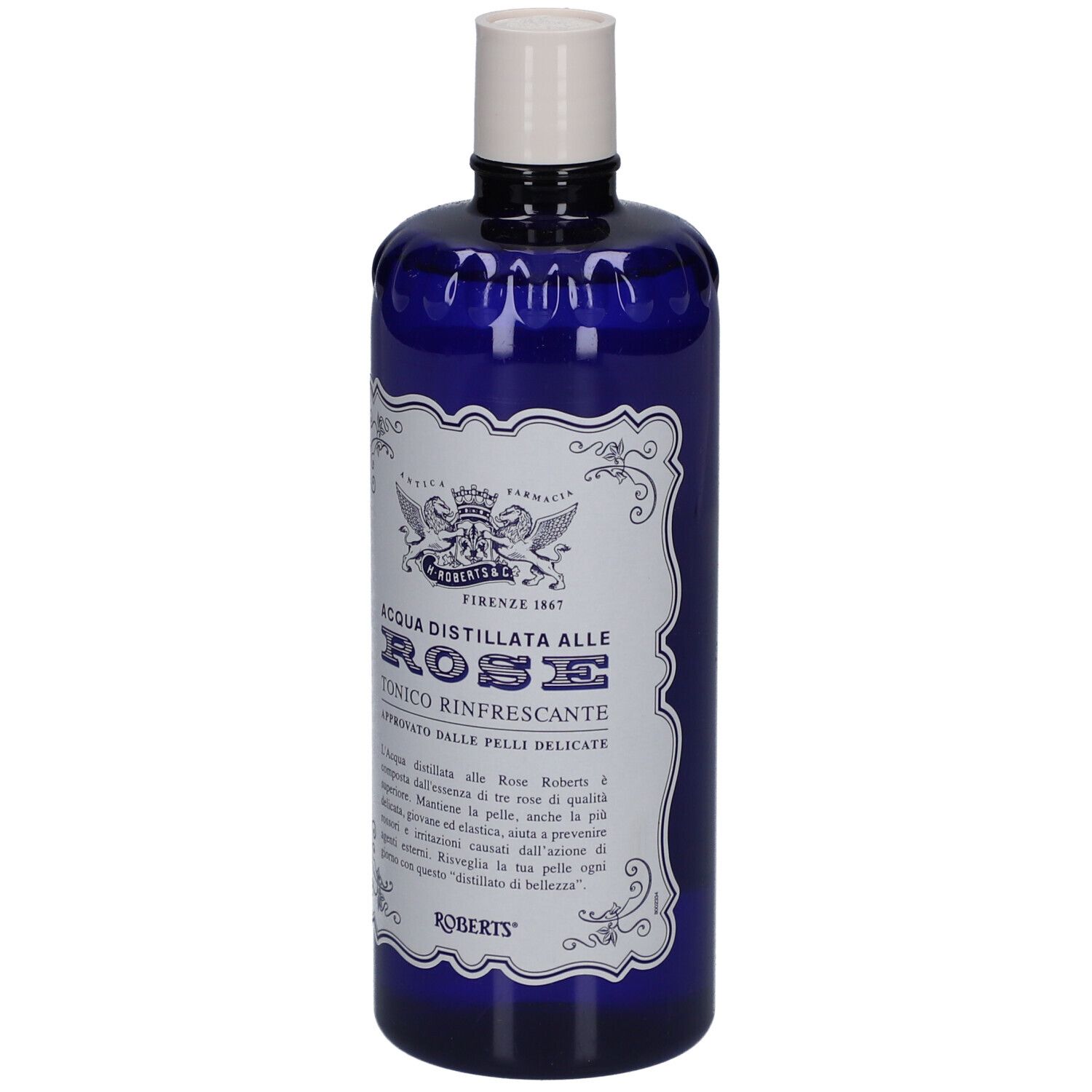 Blaue Flasche mit weißem Deckel. Aufschrift: ACQUA DISTILLATA ALLE ROSE TONICO RINFRESCANTE. Marke: ROBERTS.