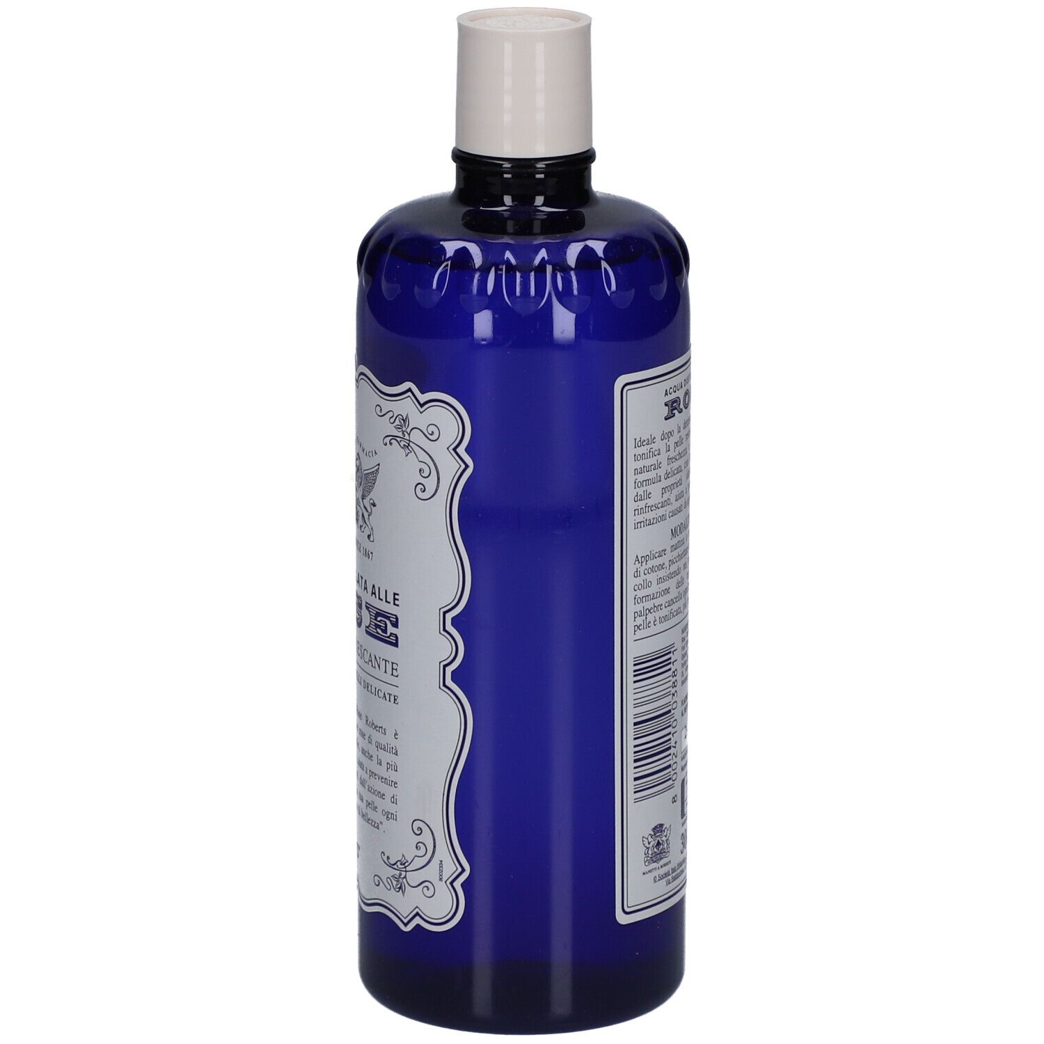 Blaue Flasche mit weißem Deckel. Aufschrift: ACQUA DISTILLATA ALLE ROSE TONICO RINFRESCANTE. Marke: ROBERTS. Seitenansicht.