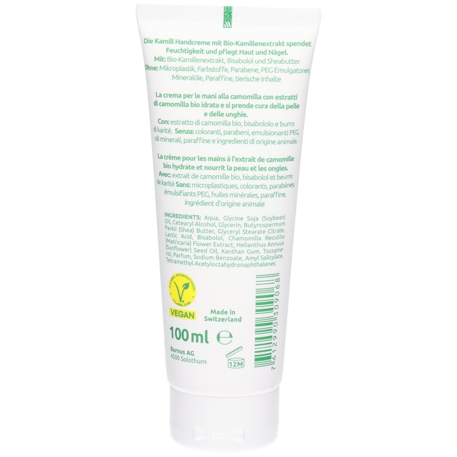 Weiße Tube Handcreme mit Kamillenextrakt, 100ml, vegan, Made in Switzerland.