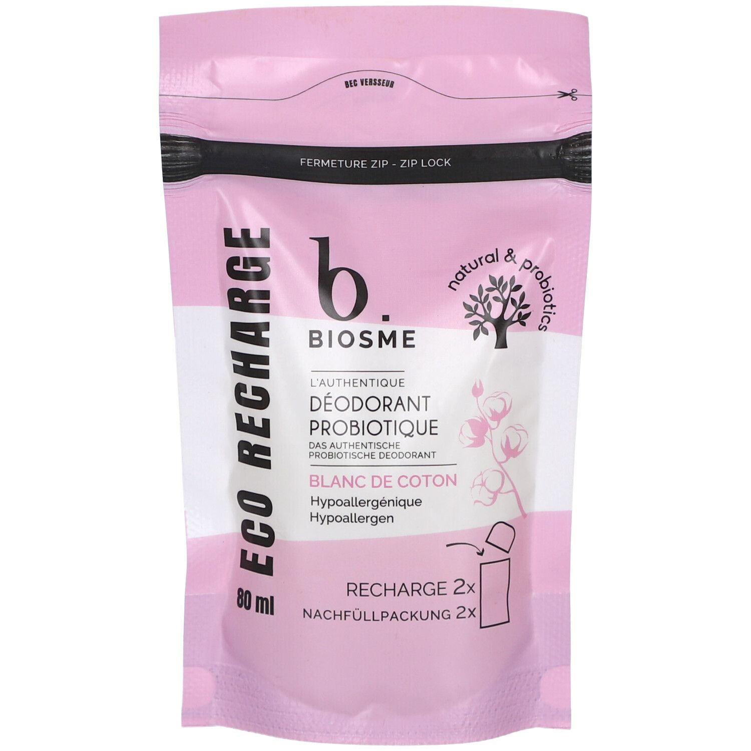 Recharge rose avec fermeture éclair. Inscription: BIOSME, Déodorant, Blanc coton, 80 ml. Symboles coton et probiotiques.