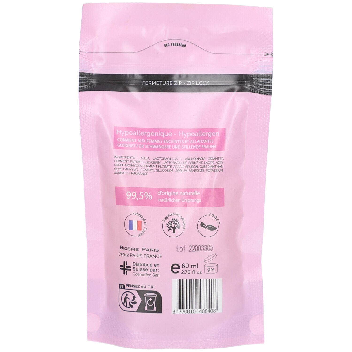 Dos de la recharge rose. Texte: Hypoallergénique, ingrédients, 99,5% origine naturelle. Logos et numéro de lot.