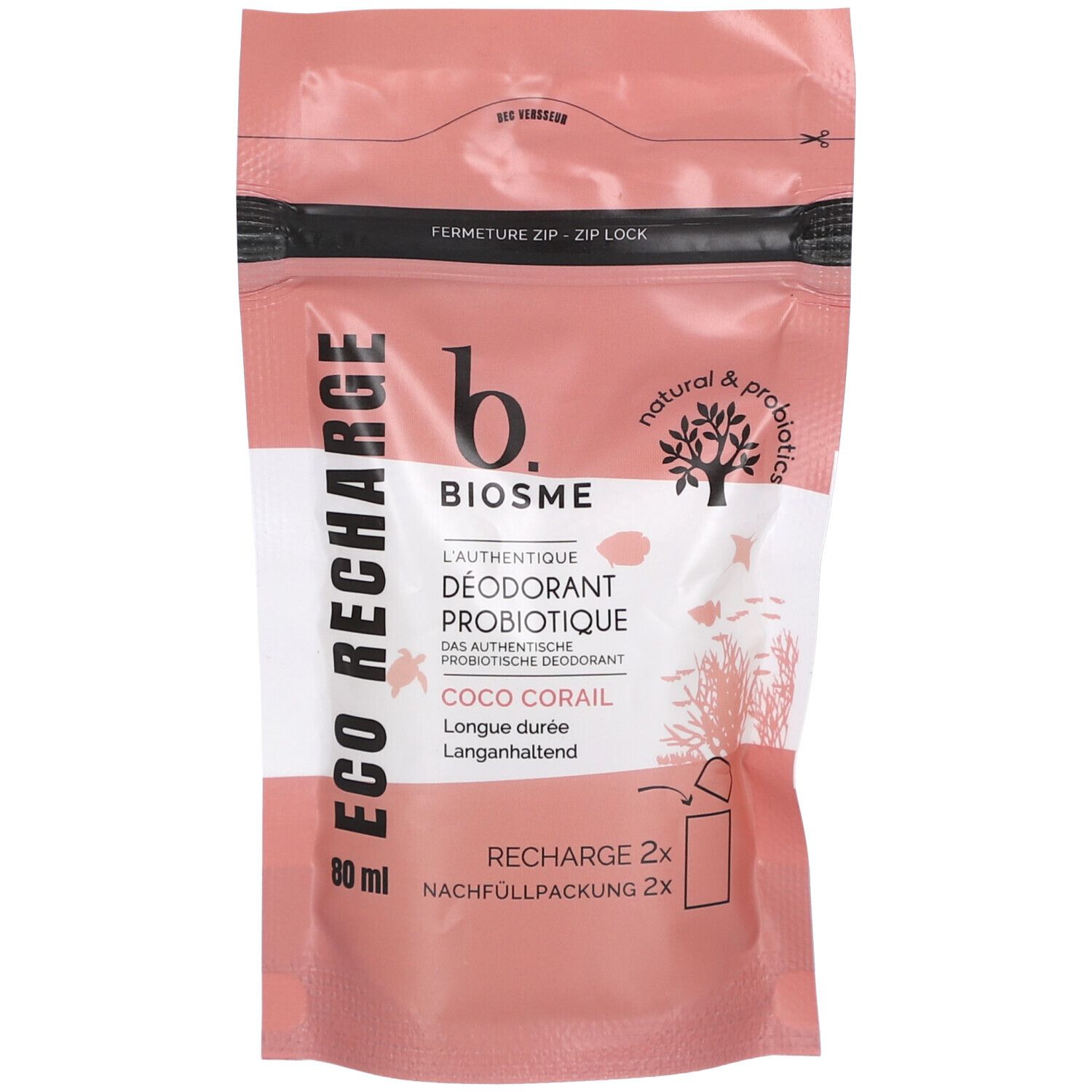 Recharge rose avec fermeture éclair. Inscription: BIOSME, ECO RECHARGE, Coco corail, 80 ml. Logo: arbre avec feuilles.