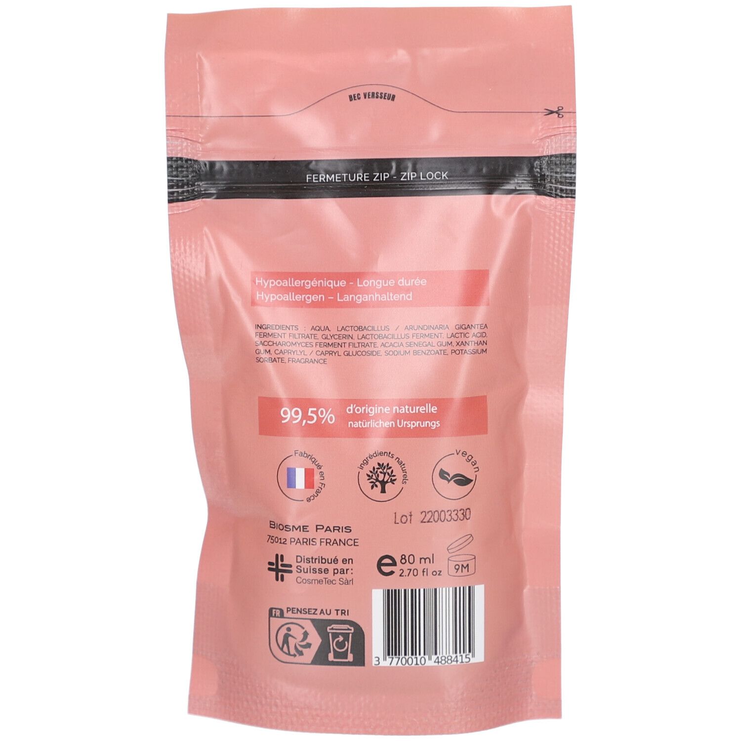 Dos de la recharge rose. Texte: 99,5% d'origine naturelle, vegan. Logos: arbre, symbole vegan, drapeau français.