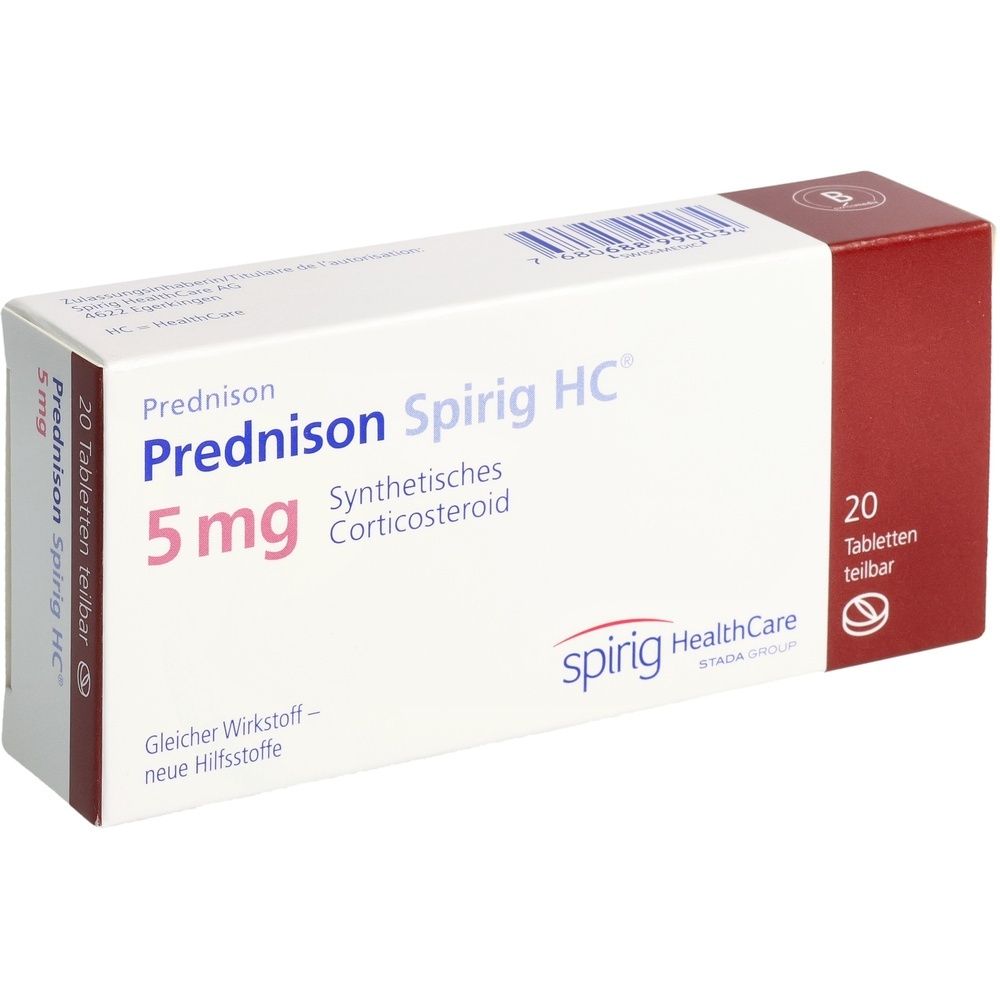 Schachtel mit Prednison Spirig HC Tabletten. Aufschrift: 5 mg, 20 Tabletten. Synthetisches Corticosteroid. Marke: spirig HealthCare.