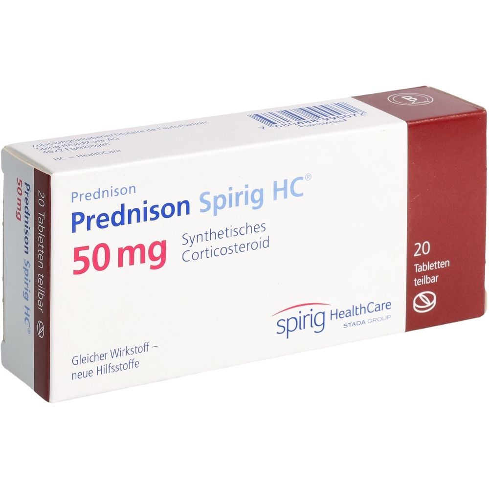 Schachtel mit Prednison Spirig HC. Aufschrift: 50 mg, 20 Tabletten. Hersteller: spirig HealthCare. Synthetisches Corticosteroid.