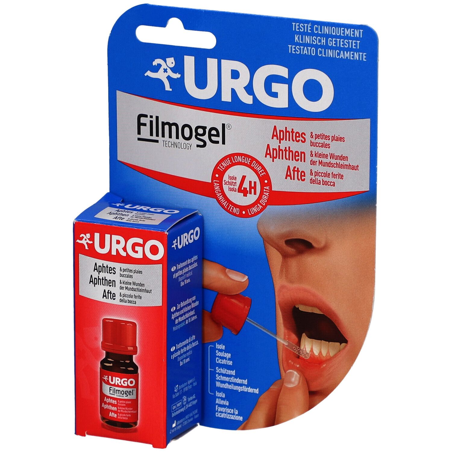 Verpackung mit URGO Filmogel, Fläschchen und Applikator. Auf der Verpackung: URGO, Filmogel, Aphten. Fläschchen mit rotem Verschluss.