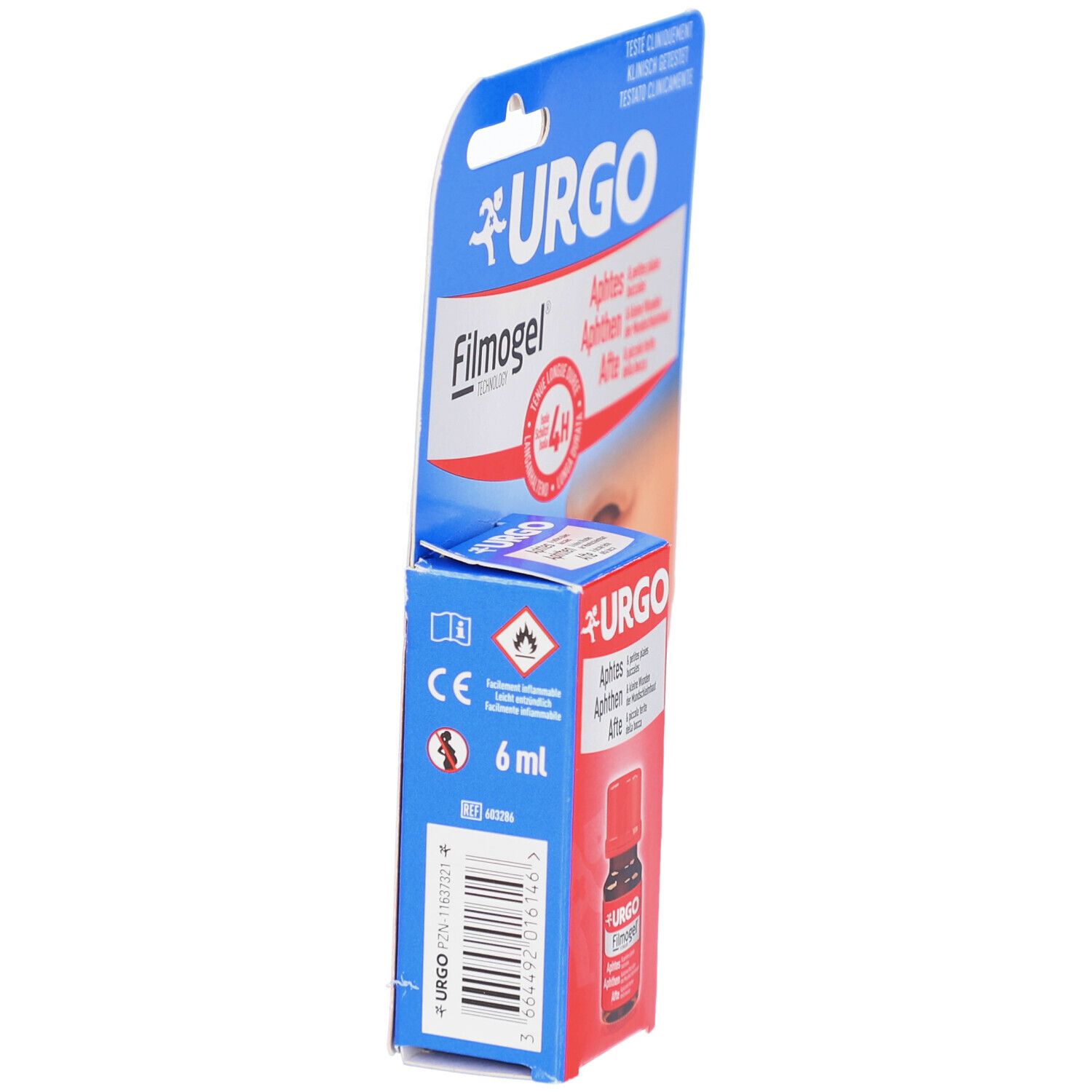 Seitenansicht der Verpackung. URGO Filmogel, 6 ml. Aufdrucke: CE-Zeichen, Warnhinweise, 6 ml. Fläschchen mit rotem Verschluss.