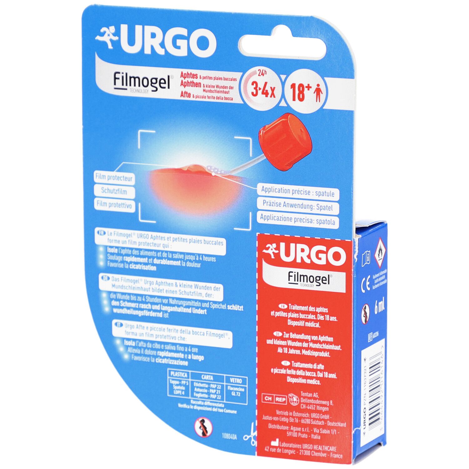 Rückseite der Verpackung. URGO Filmogel. Informationen zur Anwendung. Spatel-Applikator. 6 ml. Altersempfehlung: 18+.