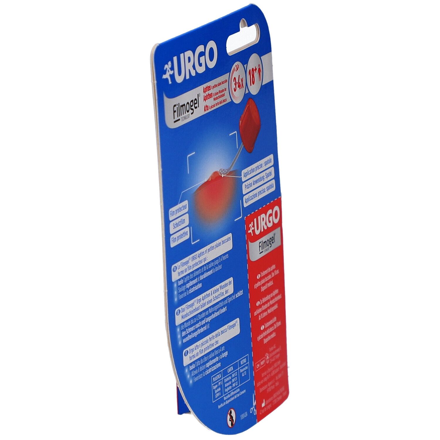 Seitenansicht der Verpackung. URGO Filmogel. Informationen zur Anwendung. Spatel-Applikator. Altersempfehlung: 18+.