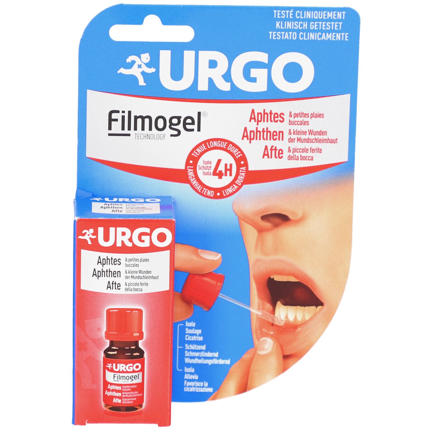 Verpackung mit URGO Filmogel, Fläschchen und Applikator. Auf der Verpackung: URGO, Filmogel, Aphten. Fläschchen mit rotem Verschluss.