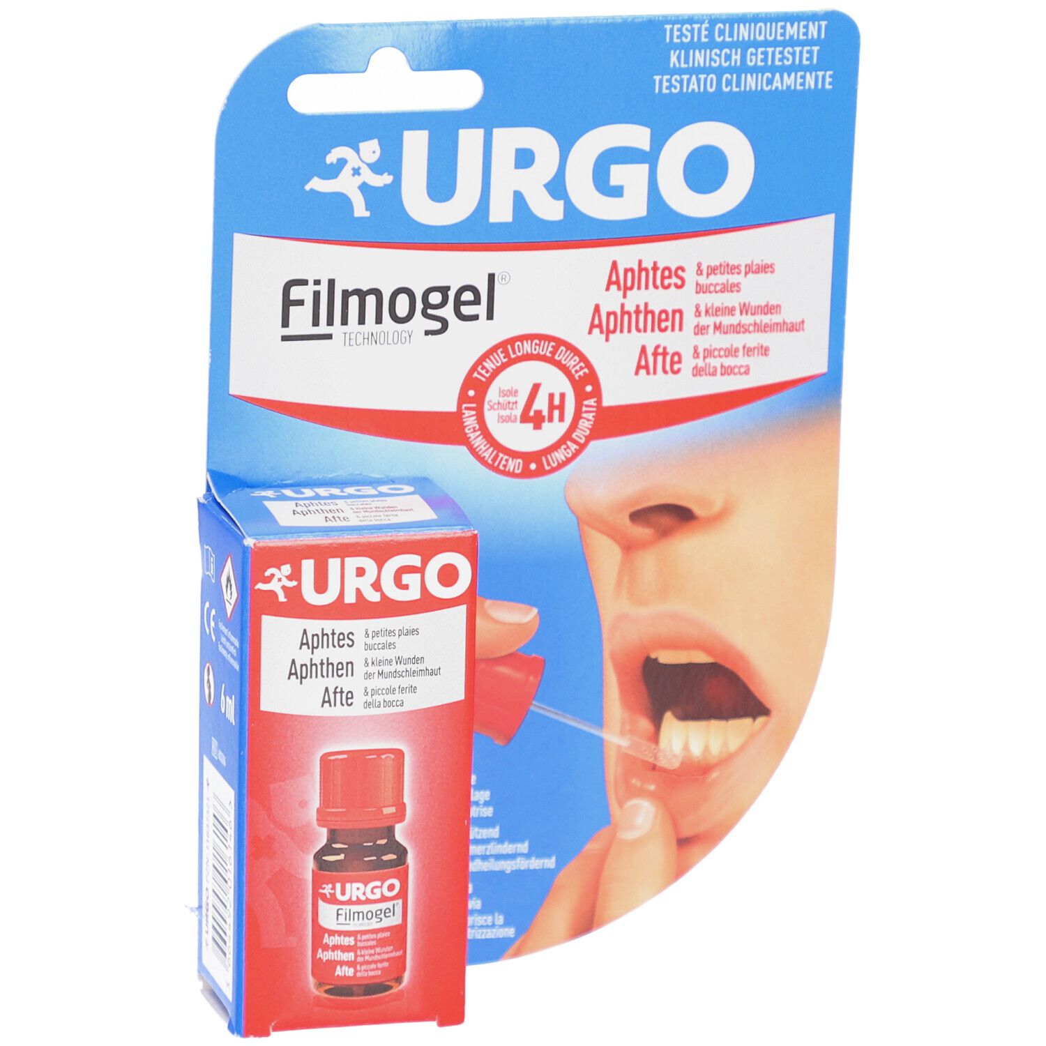 Verpackung mit URGO Filmogel, Fläschchen und Applikator. Auf der Verpackung: URGO, Filmogel, Aphten. Fläschchen mit rotem Verschluss.