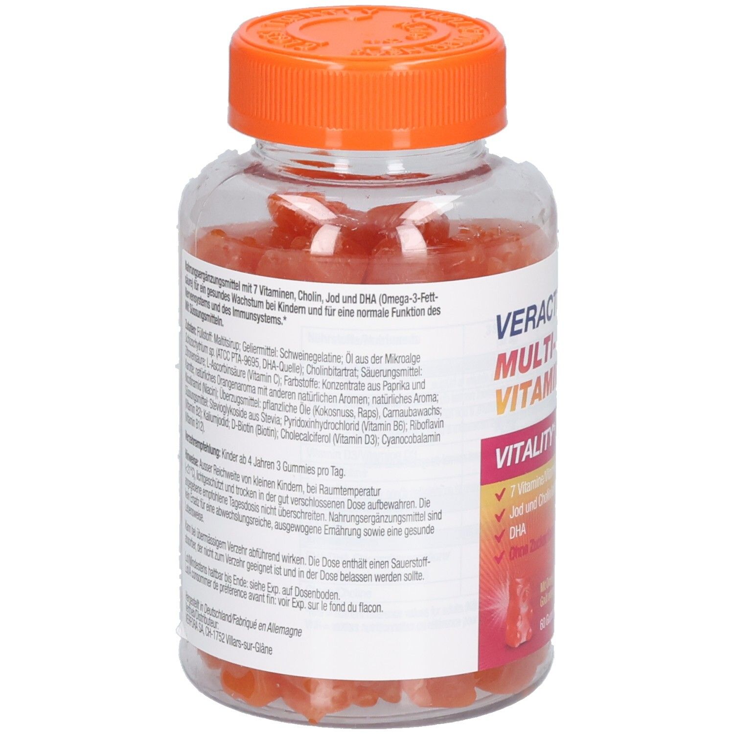 Rückseite der Flasche mit Produktinformationen. Text in mehreren Sprachen. Orangefarbene Gummibärchen sichtbar.