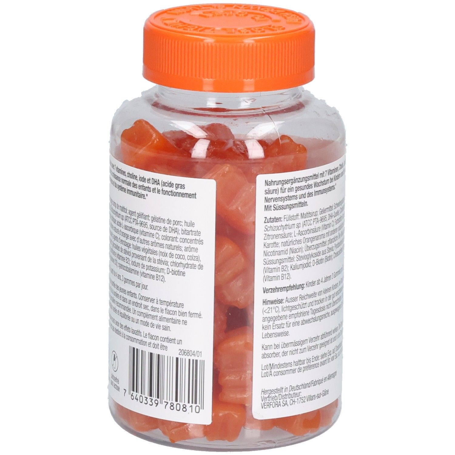 Rückansicht der Flasche. Orangefarbene Gummibärchen im Inneren. Text in mehreren Sprachen. Orangefarbener Deckel.