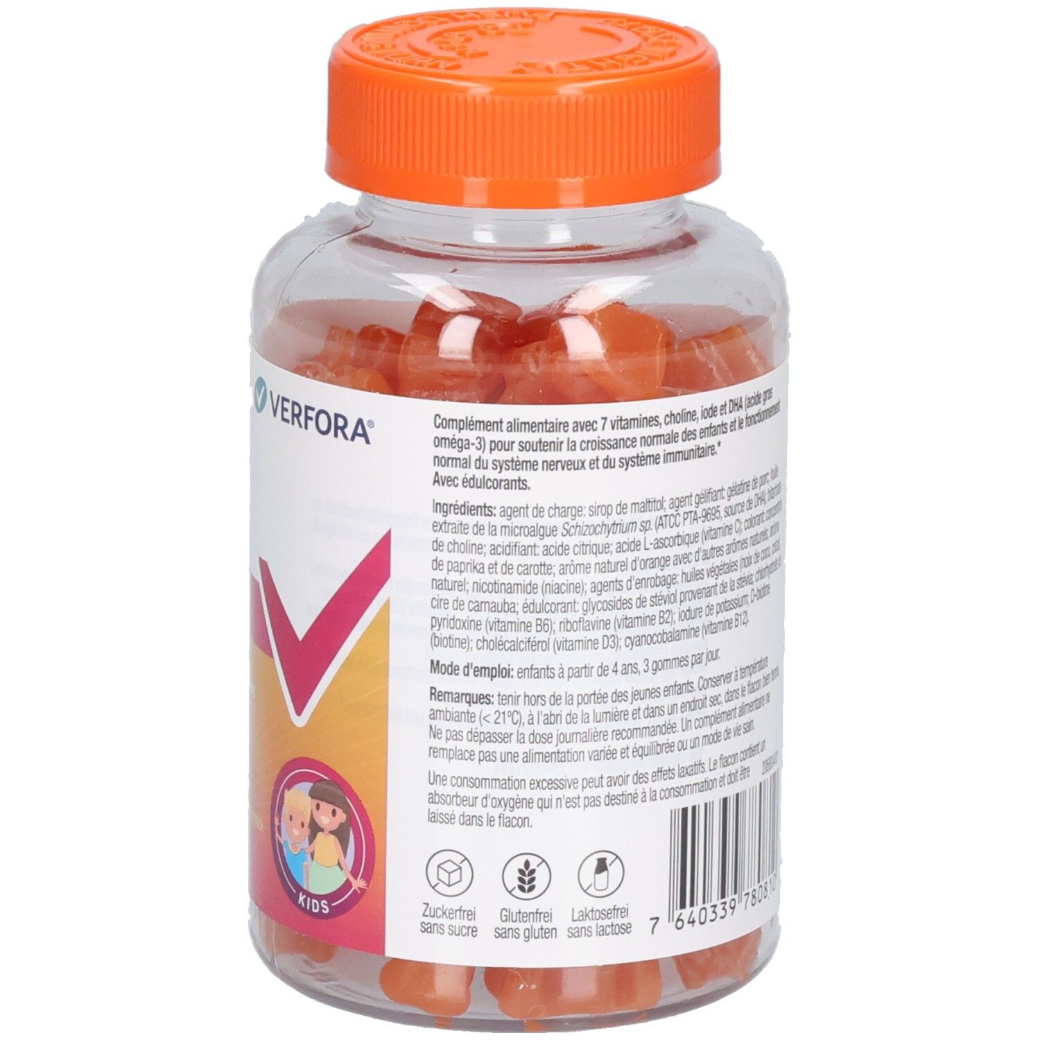 Rückseite der Flasche mit Produktinformationen. Text in mehreren Sprachen. Orangefarbene Gummibärchen sichtbar.
