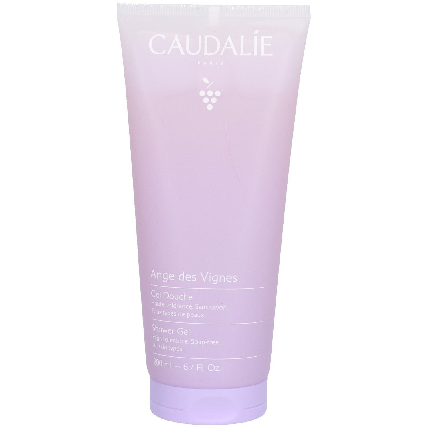 Produktverpackung. Marke Caudalie. Text: Ange des Vignes, Gel Douche, Shower Gel. Inhalt: 200 ml - 6.7 Fl. Oz. Farbe: Lila.