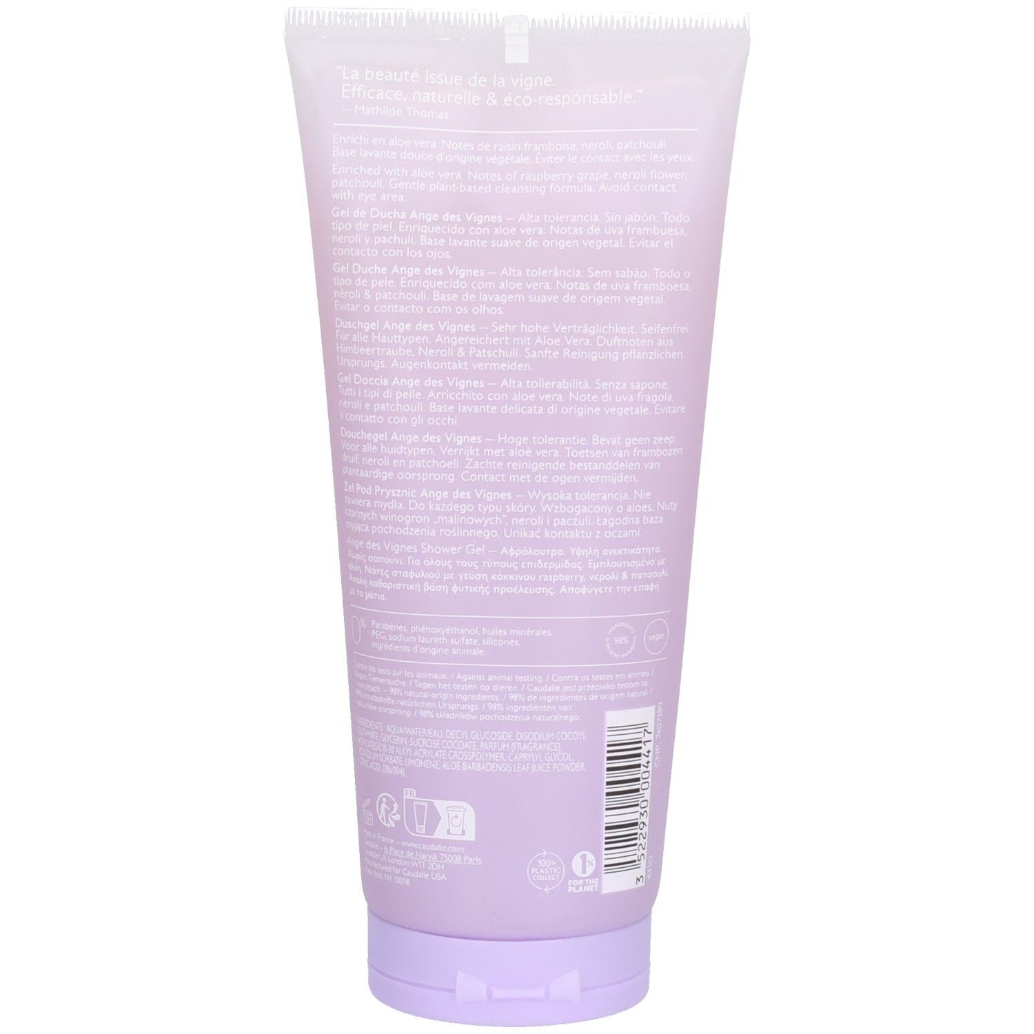 Rückseite der Tube. Text in mehreren Sprachen. Produktname: Ange des Vignes. Inhaltsstoffe und Informationen. Farbe: Lila.