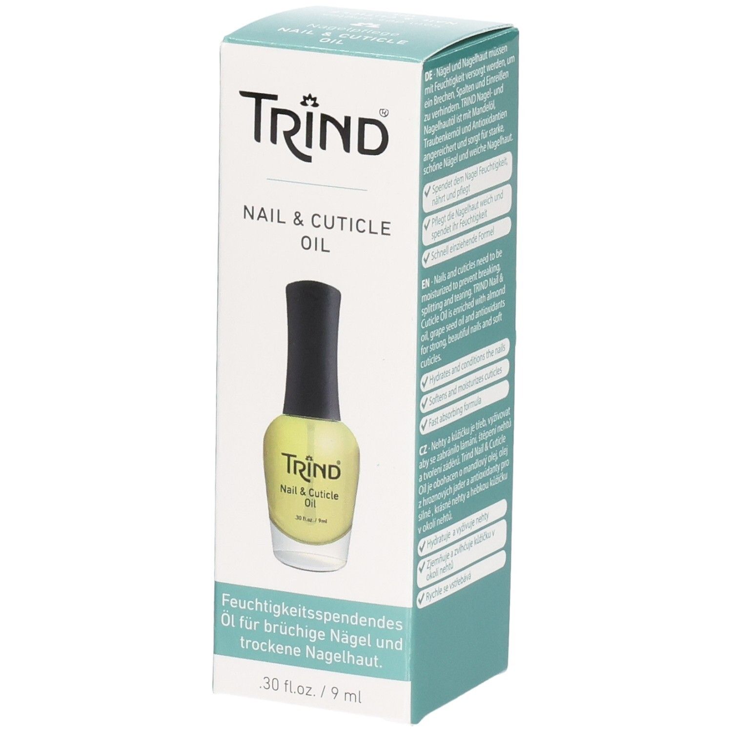 Trind Nagel- und Nagelhautöl in einer Schachtel. Flasche mit gelber Flüssigkeit und schwarzem Deckel. Text: Nail & Cuticle Oil.