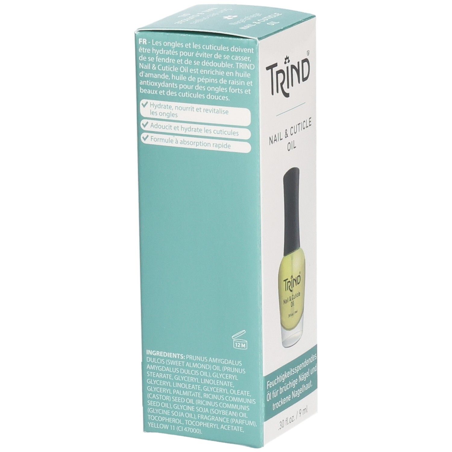 Rückseite der Trind Nagel- und Nagelhautöl-Verpackung. Text in mehreren Sprachen, darunter Inhaltsstoffe und Produktinformationen.